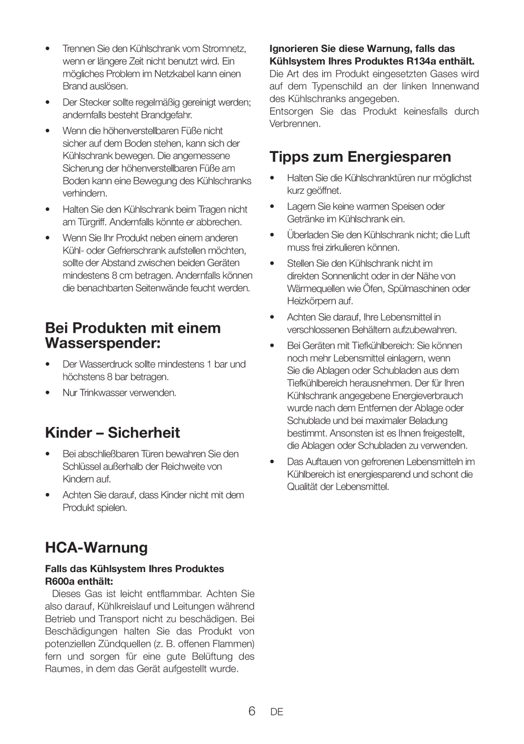 Blomberg DND 9977 PD manual Bei Produkten mit einem Wasserspender, Kinder Sicherheit, HCA-Warnung, Tipps zum Energiesparen 