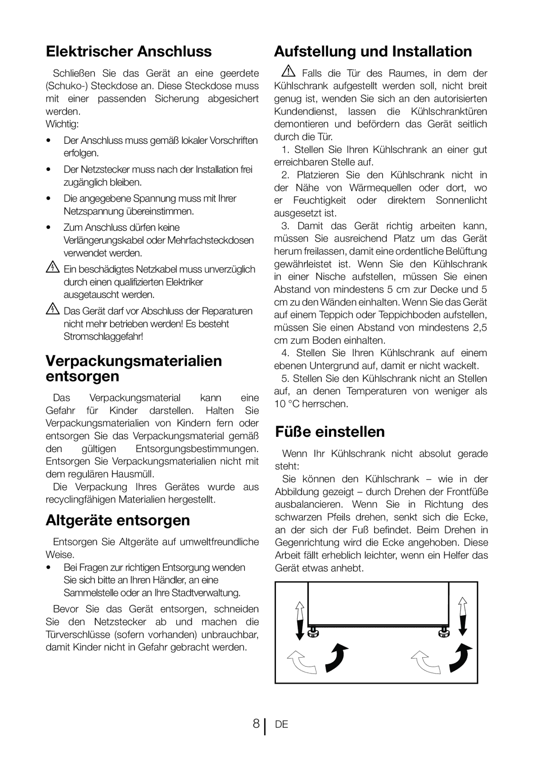 Blomberg DND 9977 PD manual Elektrischer Anschluss, Verpackungsmaterialien entsorgen, Altgeräte entsorgen, Füße einstellen 