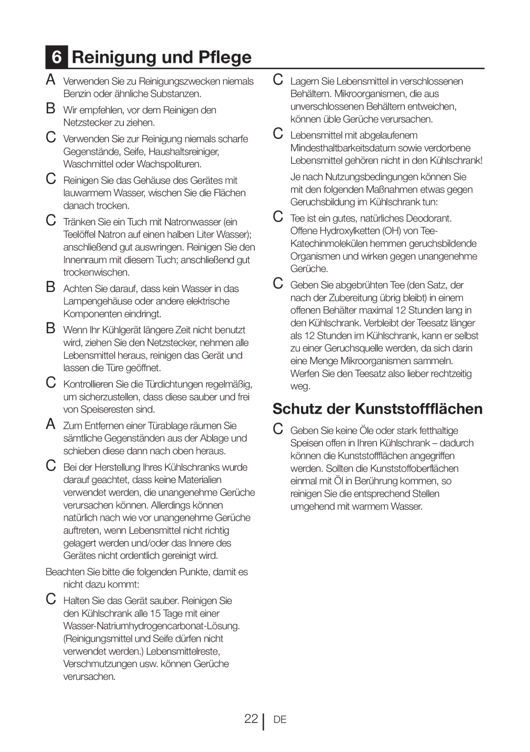 Blomberg DND 9977 PD manual Reinigung und Pflege, Schutz der Kunststoffflächen 