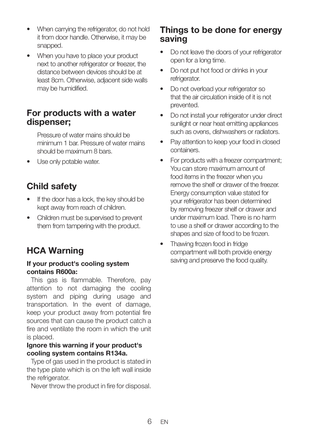 Blomberg DND 9977 PD For products with a water dispenser, Child safety, HCA Warning, Things to be done for energy saving 