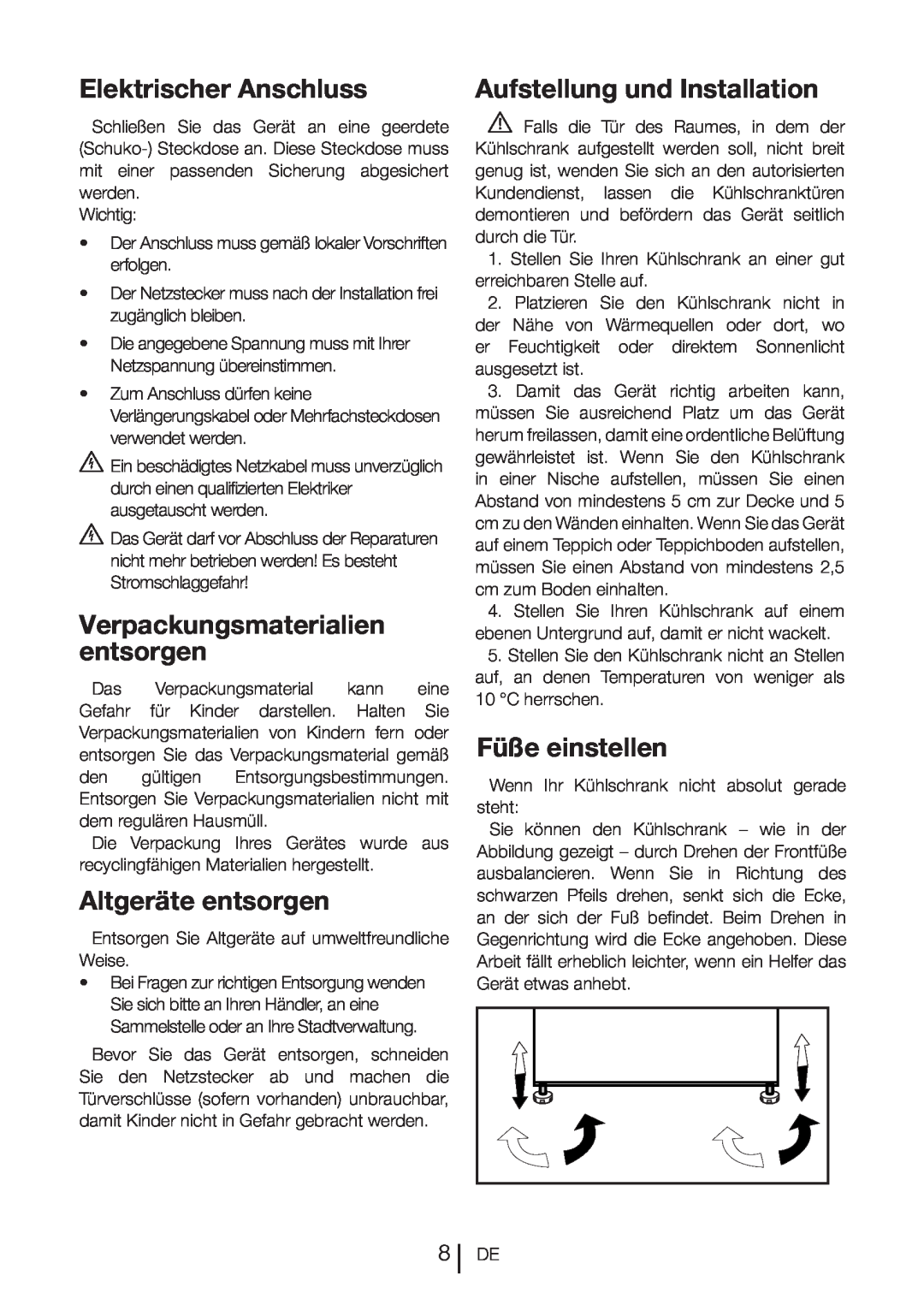 Blomberg DND 9977 PD manual Elektrischer Anschluss, Verpackungsmaterialien entsorgen, Altgeräte entsorgen, Füße einstellen 