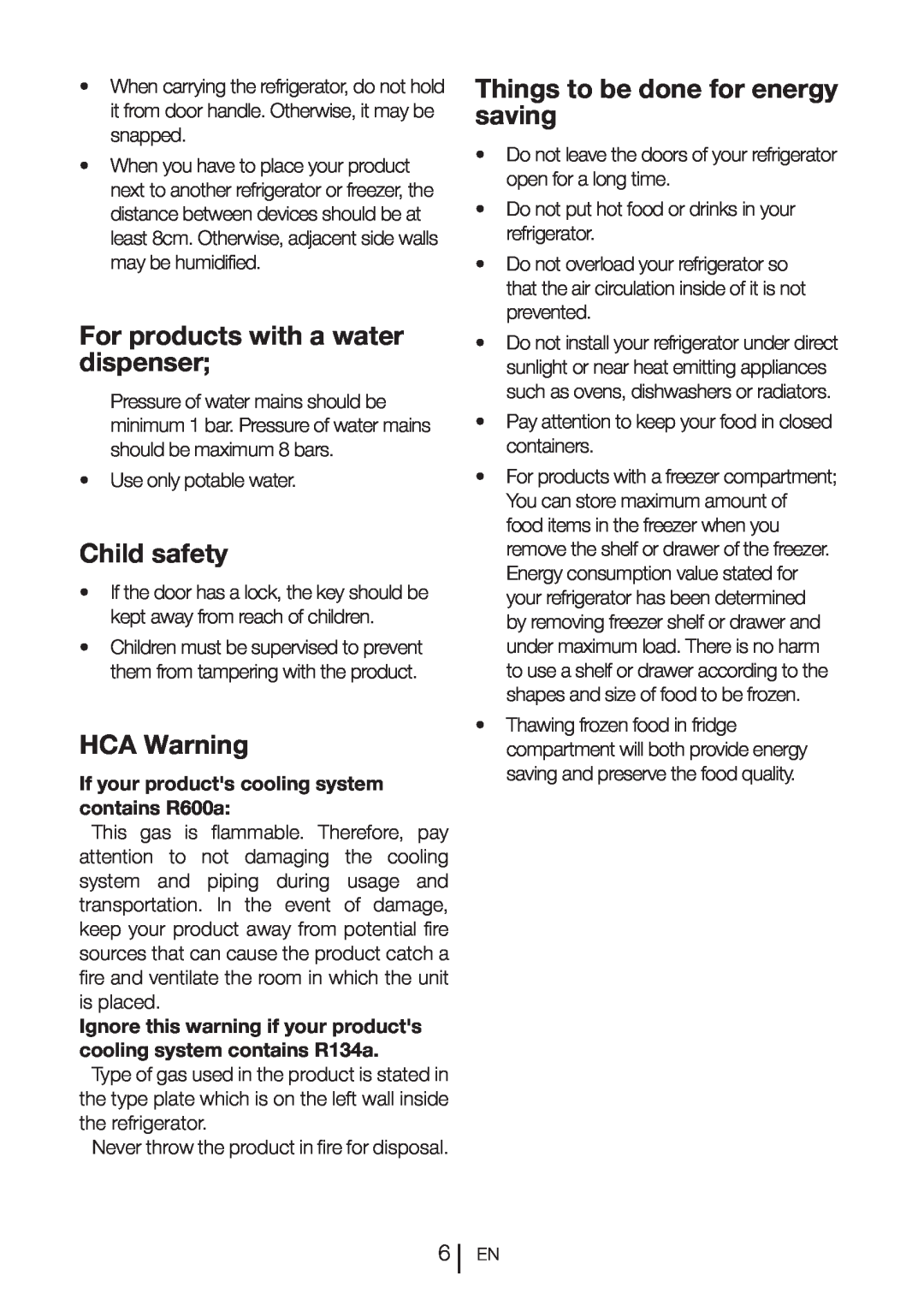 Blomberg DND 9977 PD For products with a water dispenser, Child safety, HCA Warning, Things to be done for energy saving 