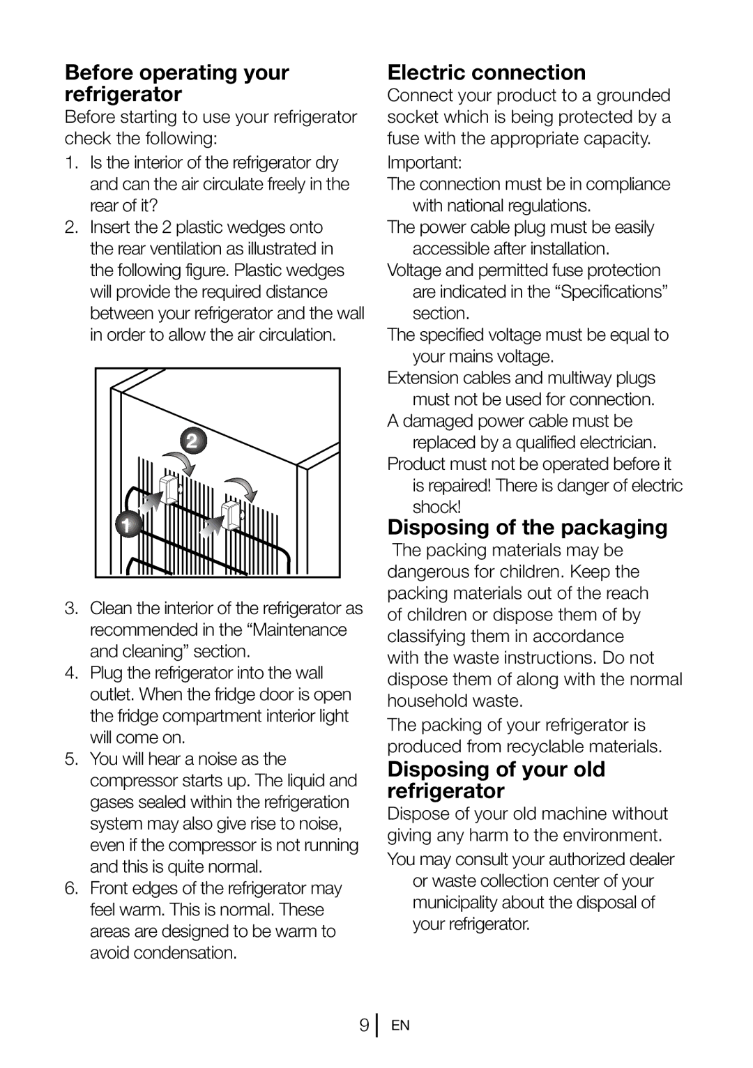 Blomberg DSM 9651 A+ manual Before operating your refrigerator, Electric connection, Disposing of the packaging 