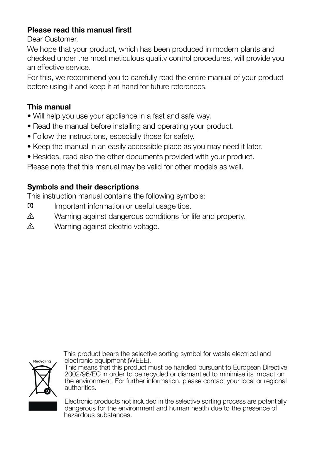 Blomberg DSM 9651 A+ Please read this manual first, This manual, Symbols and their descriptions 