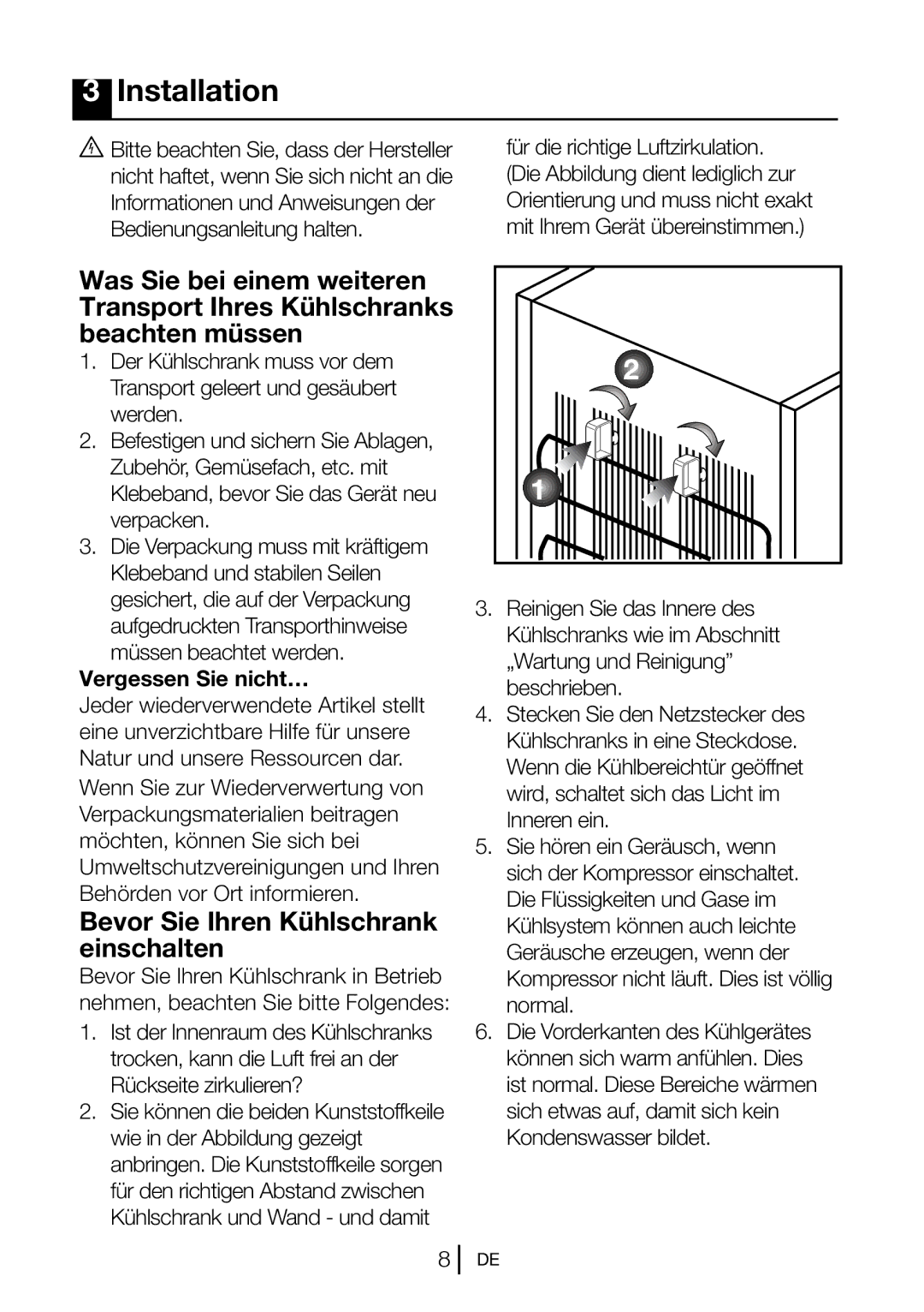 Blomberg DSM 9651 A+ Bevor Sie Ihren Kühlschrank einschalten, Vergessen Sie nicht…, Rückseite zirkulieren?, Inneren ein 