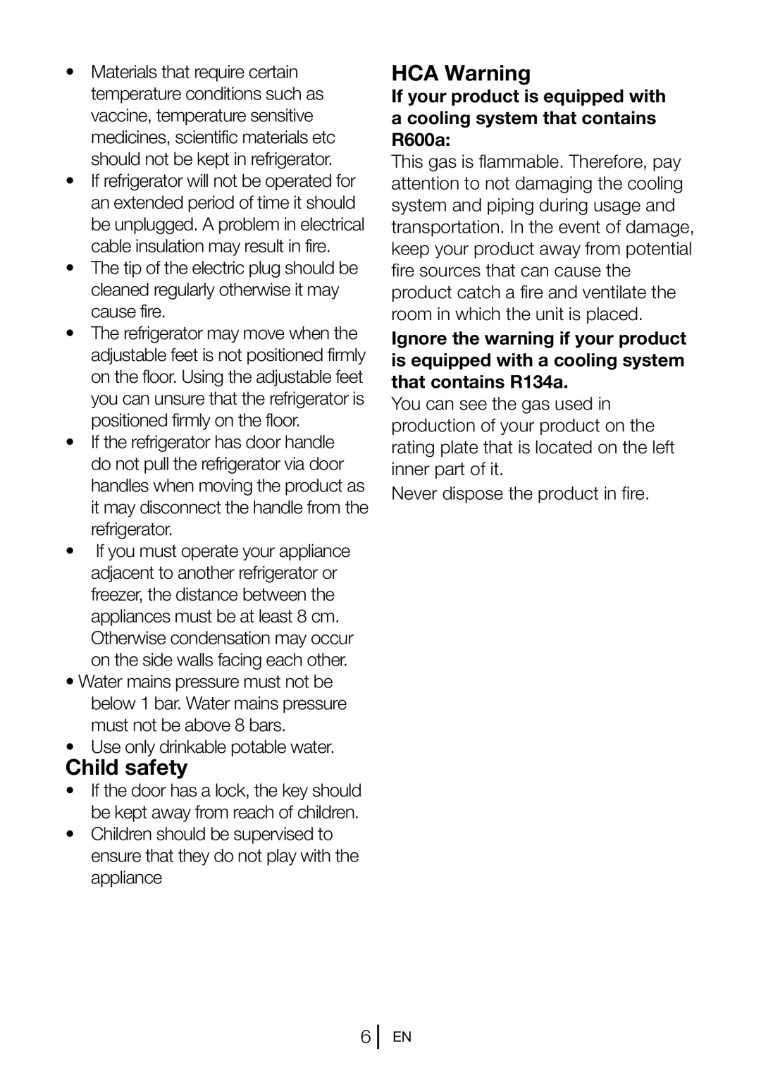 Blomberg DSM 9651 A+ manual Child safety, HCA Warning, Use only drinkable potable water 