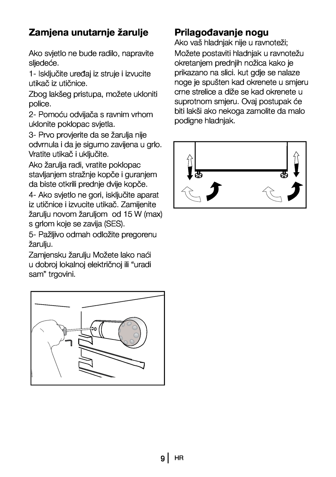 Blomberg DSM 9651 A+ manual Zamjena unutarnje žarulje, Prilagođavanje nogu 