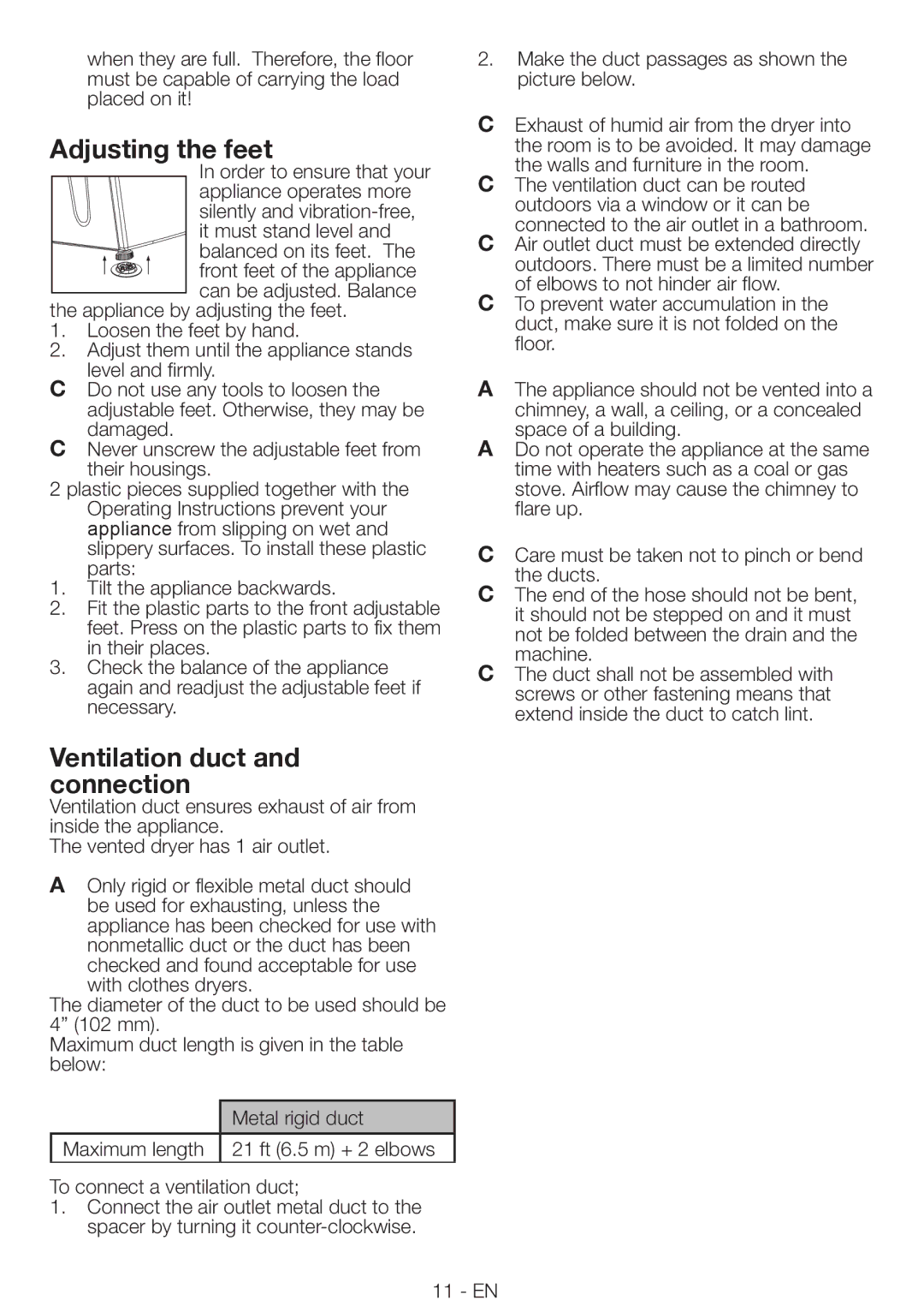 Blomberg DV16540NBL00 installation instructions Adjusting the feet, Ventilation duct and connection 