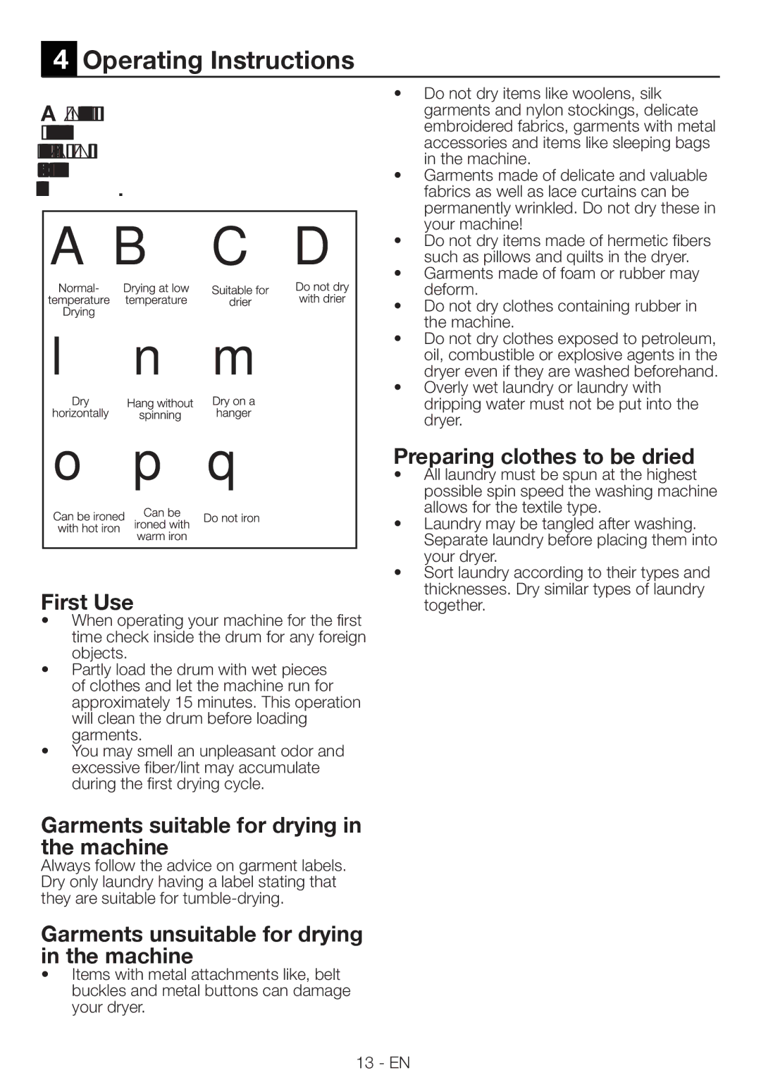 Blomberg DV16540NBL00 Operating Instructions, First Use, Garments suitable for drying in the machine 