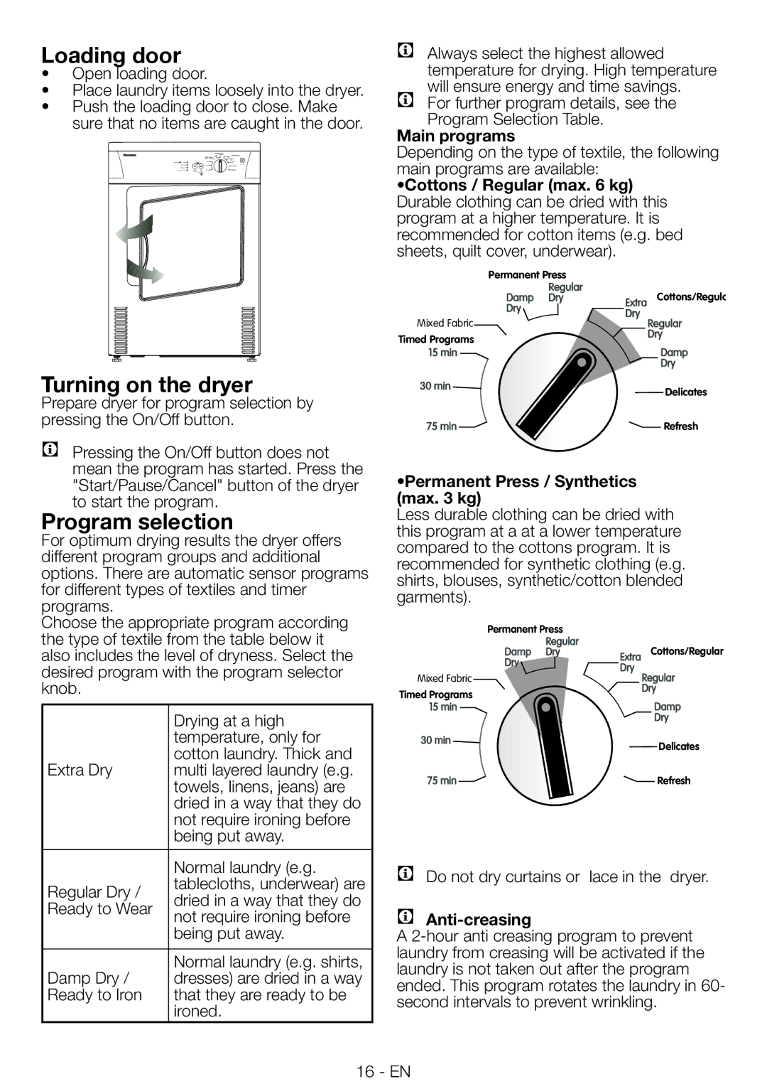 Blomberg DV16540NBL00 installation instructions Loading door, Turning on the dryer, Program selection 