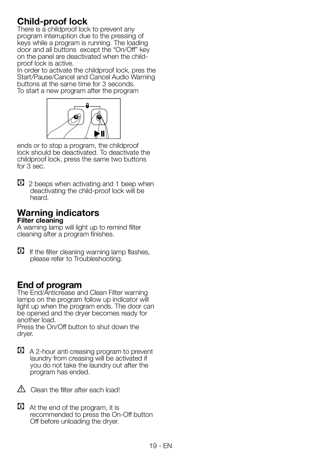 Blomberg DV16540NBL00 installation instructions Child-proof lock, End of program, Filter cleaning 