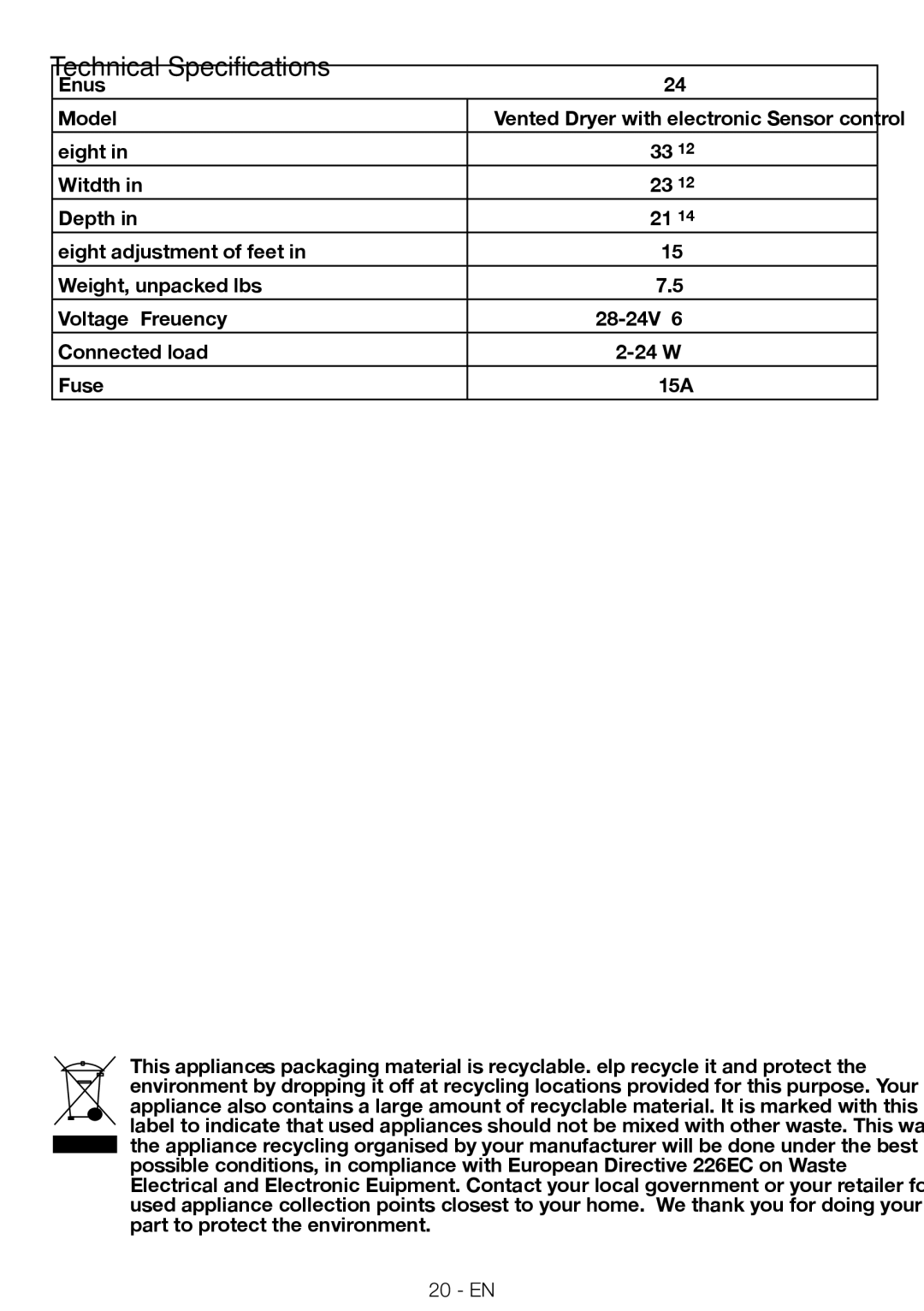 Blomberg DV16540NBL00 installation instructions Technical Specifications 