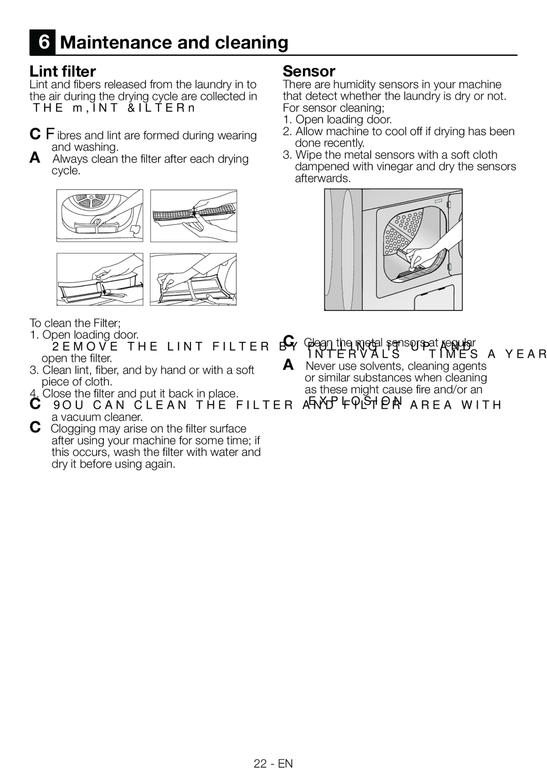 Blomberg DV16540NBL00 installation instructions Maintenance and cleaning, Lint filter, Sensor 