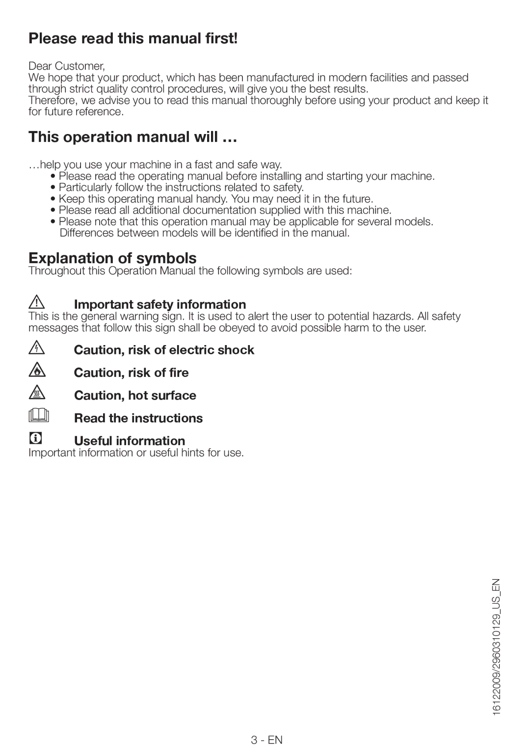 Blomberg DV16540NBL00 installation instructions Please read this manual first, Explanation of symbols 