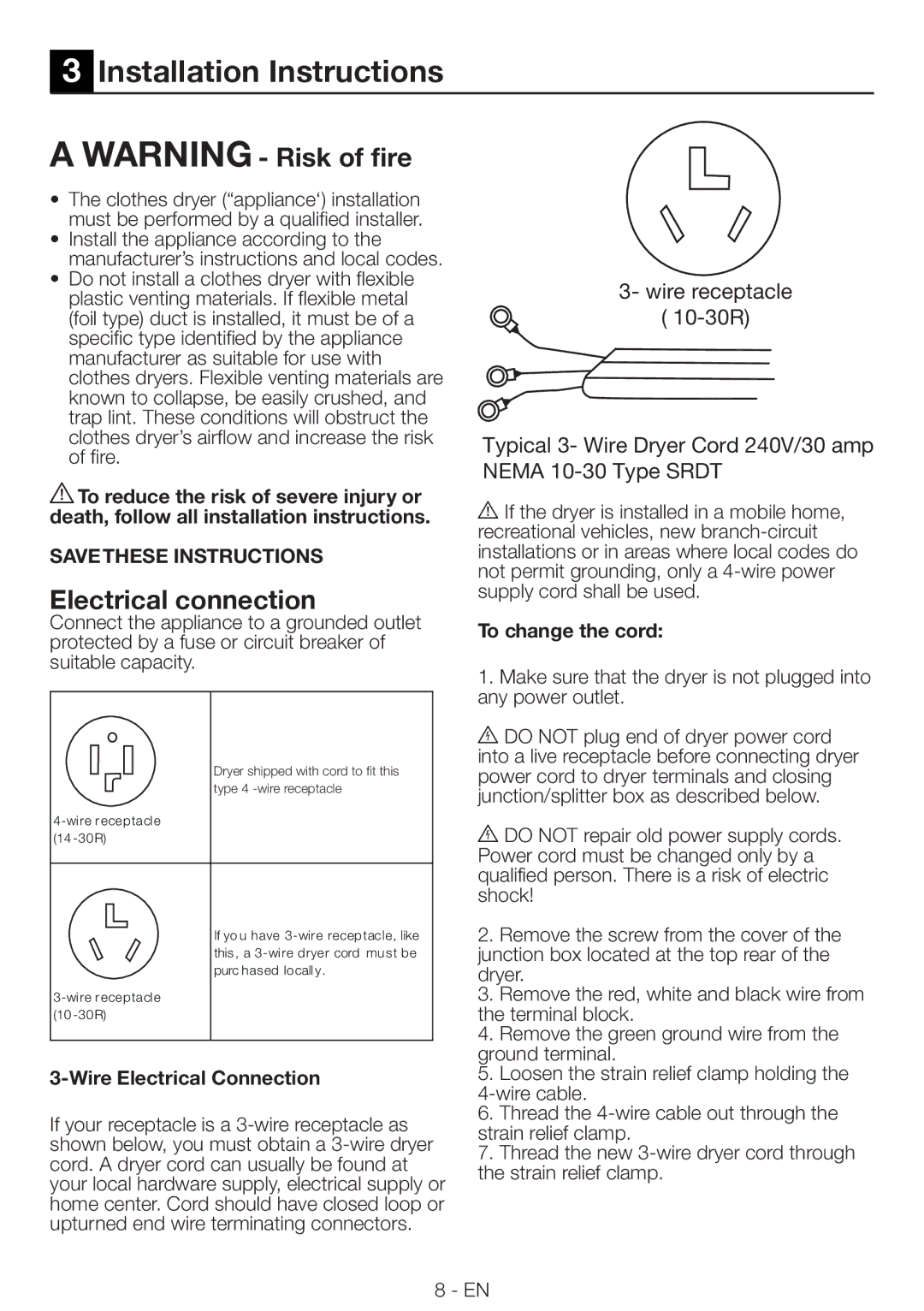 Blomberg DV16540NBL00 Installation Instructions, Electrical connection, Wire Electrical Connection, To change the cord 