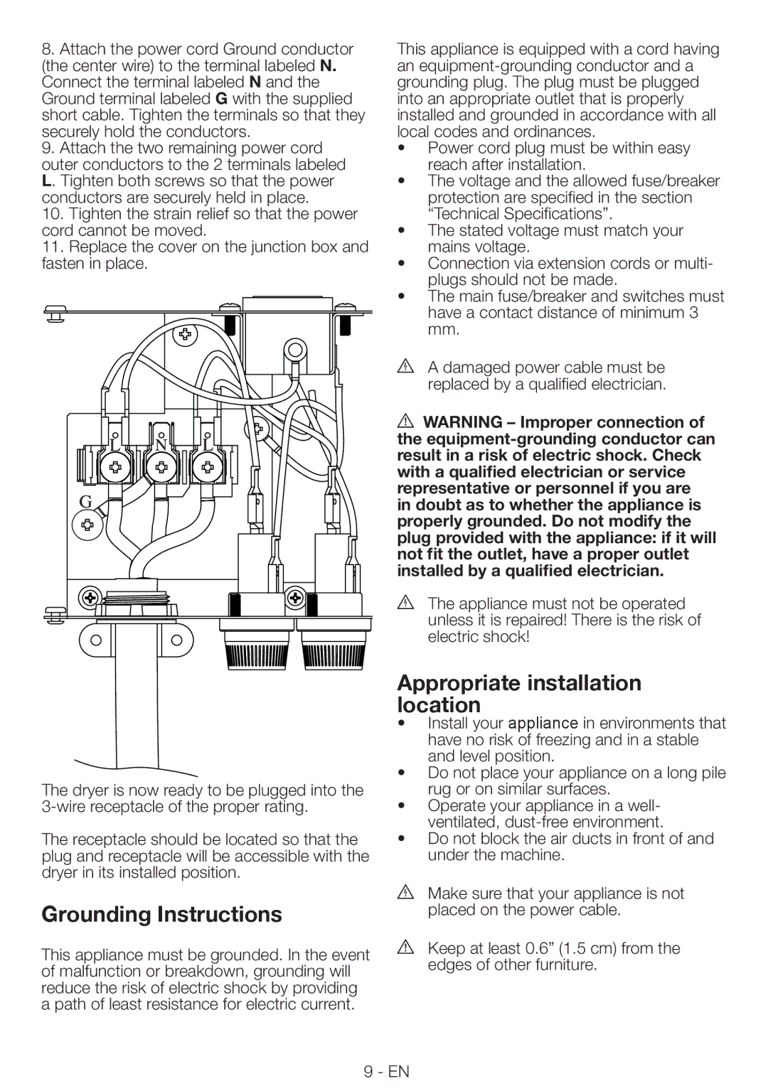 Blomberg DV16540NBL00 installation instructions Grounding Instructions, Appropriate installation location 