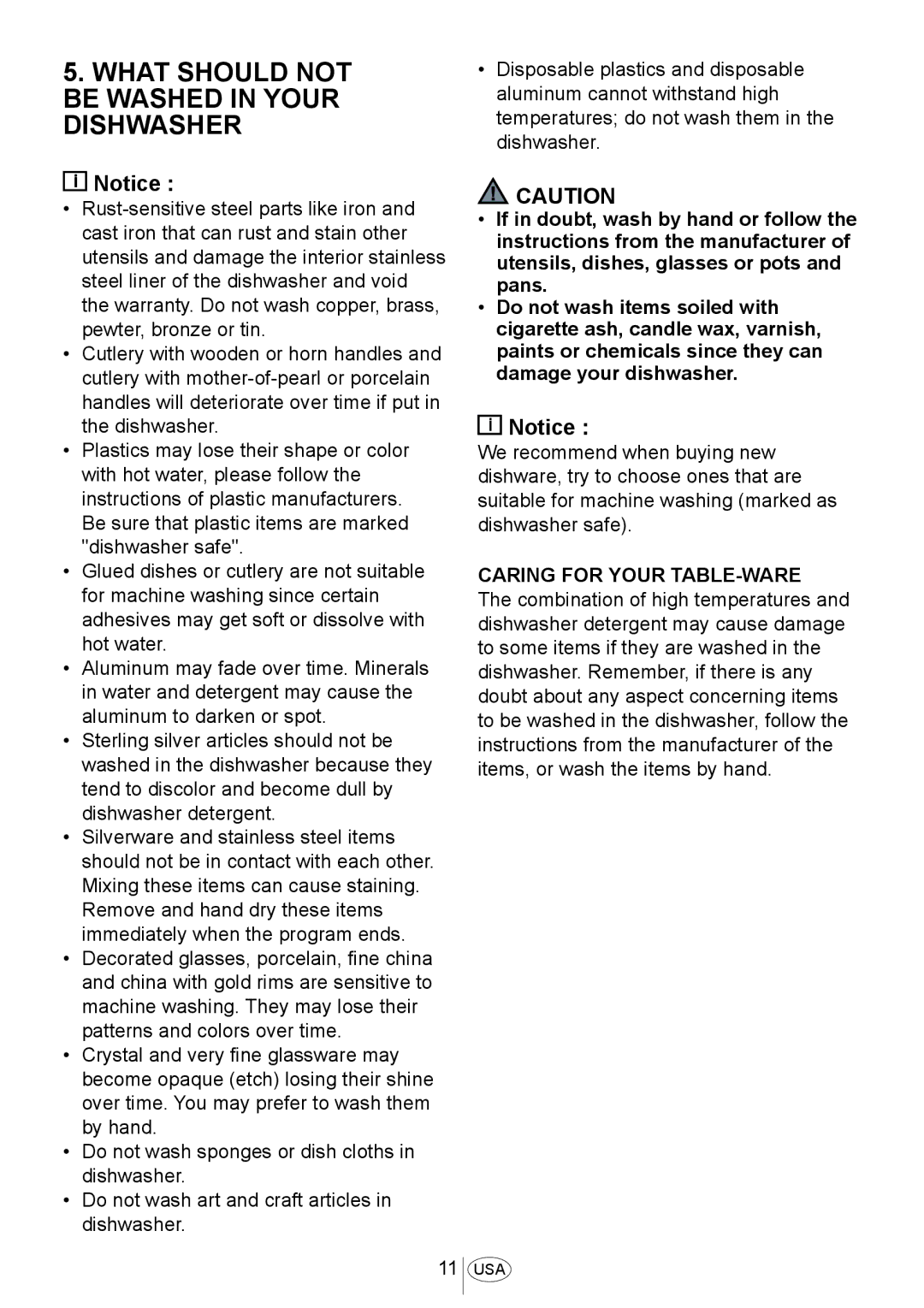 Blomberg DW 55200 FBIWS, DW 57550 SS, DW 57500 W What should not be Washed in Your Dishwasher, Caring for Your TABLE-WARE 