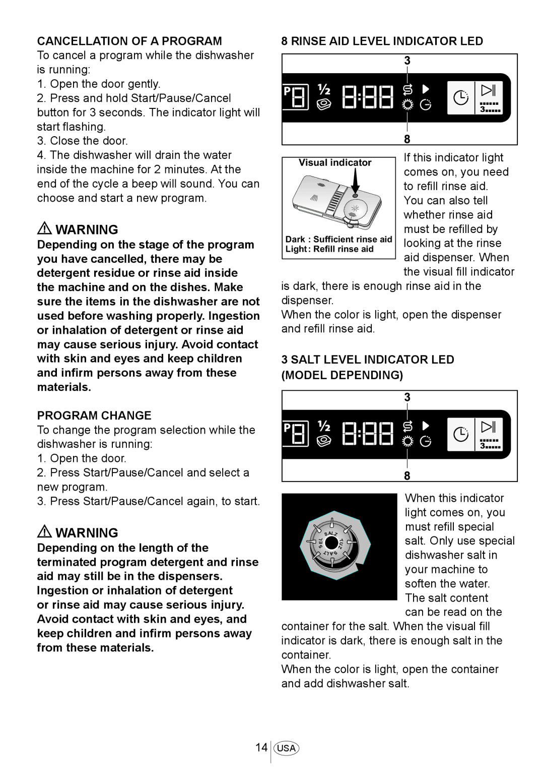 Blomberg DW 55100 B (ADA Height), DW 57550 SS Cancellation of a Program, Program Change, Rinse AID Level Indicator LED 