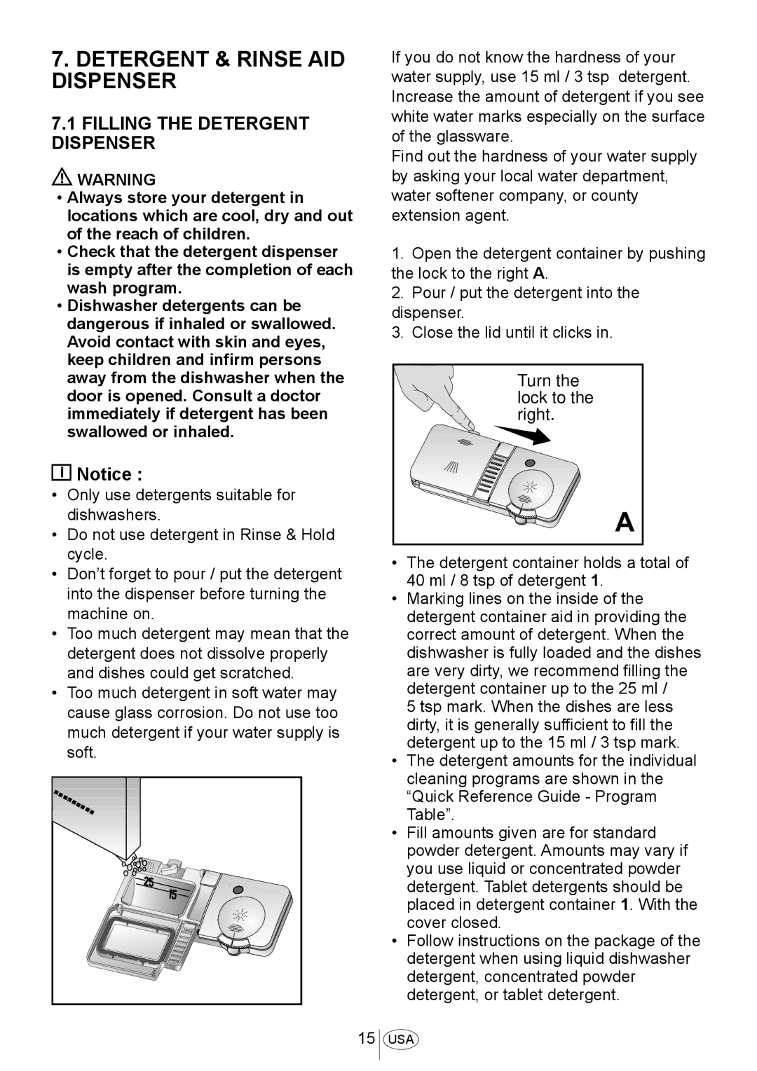 Blomberg DW 55100 B, DW 57550 SS, DW 57500 W, DW 57500 SS Detergent & Rinse AID Dispenser, Filling the Detergent Dispenser 