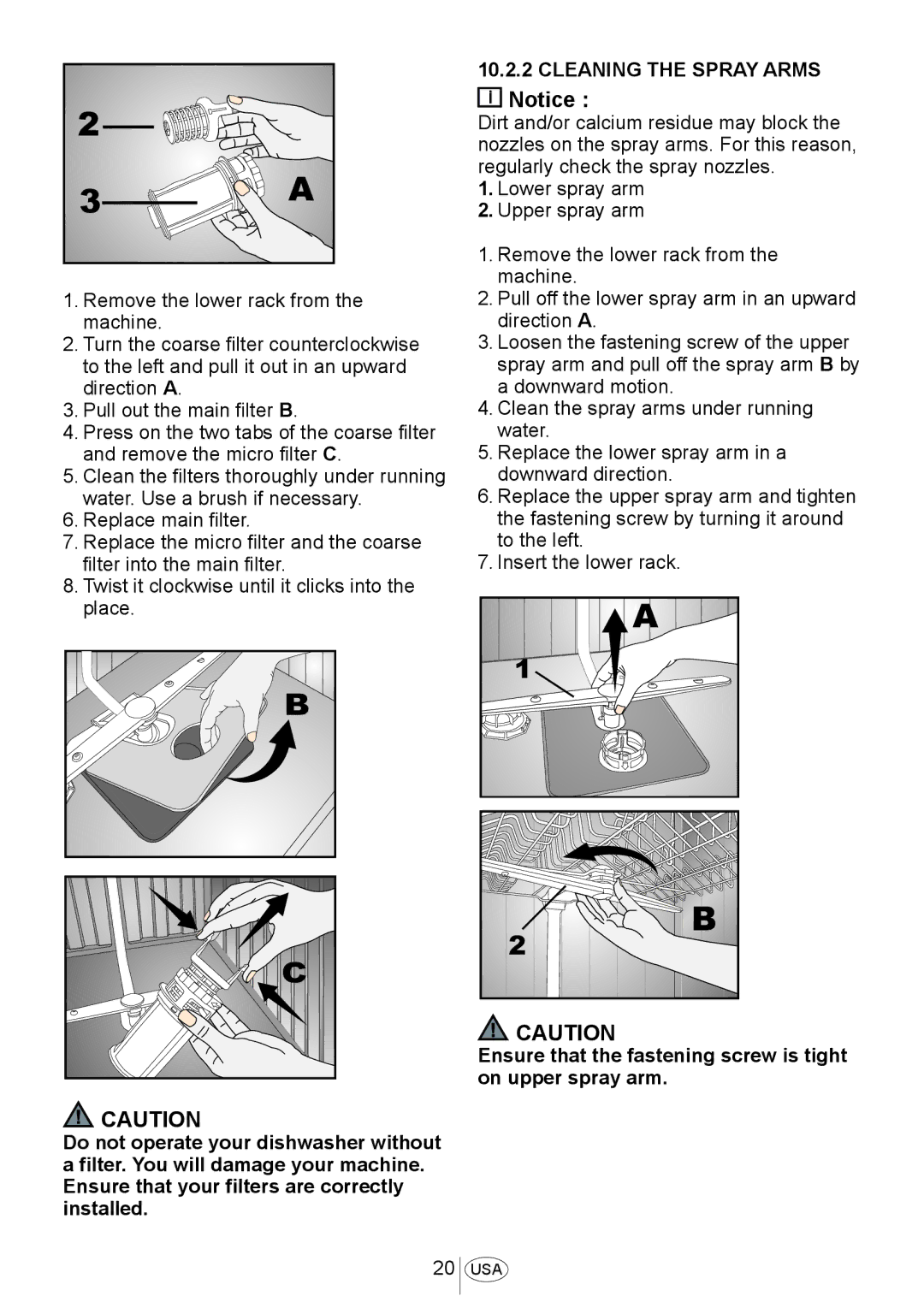 Blomberg DW 54100 W ULTRA, DW 57500 W Cleaning the Spray Arms, Ensure that the fastening screw is tight on upper spray arm 