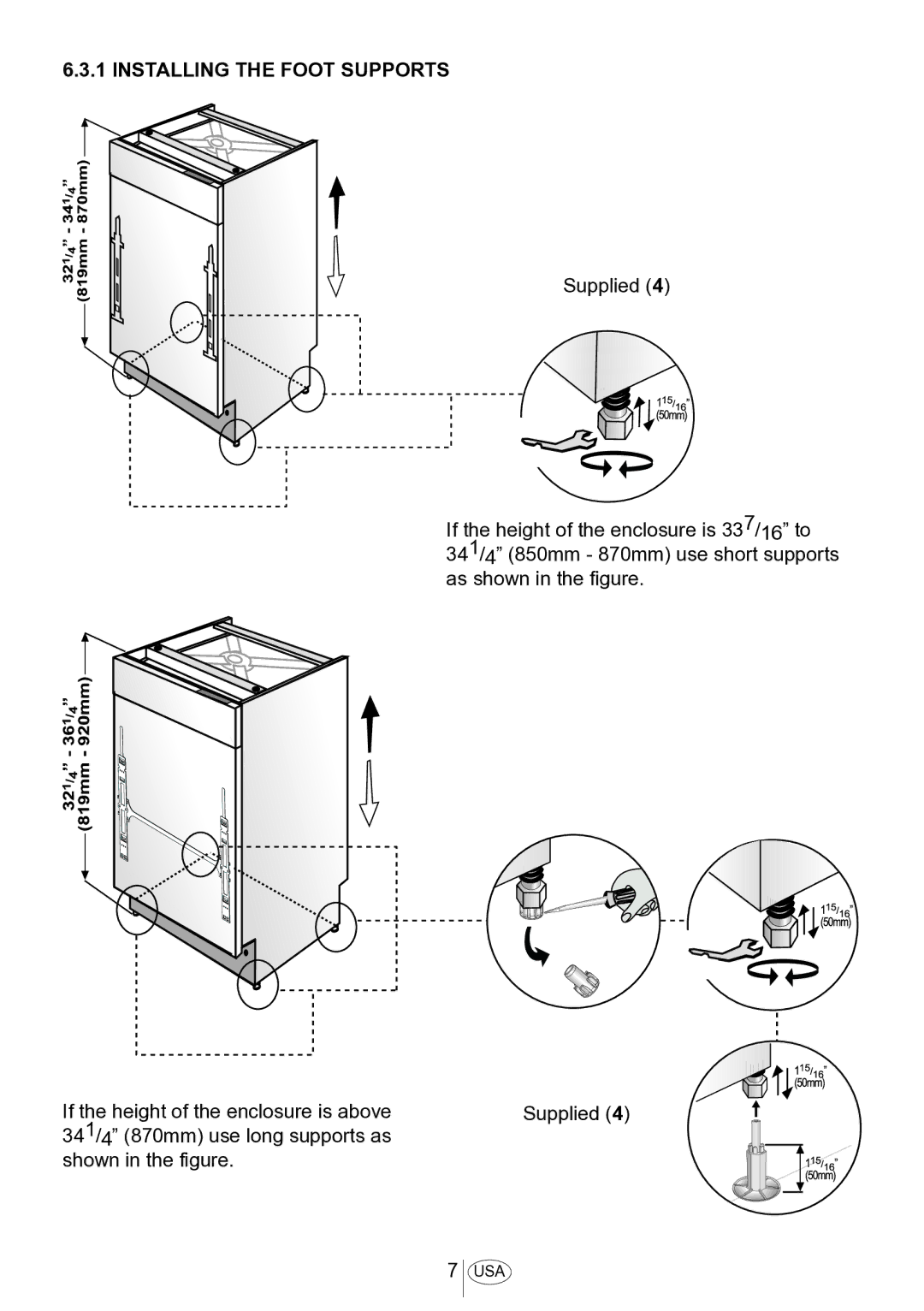 Blomberg DWS 54100 SS, DWS 54100 FBI installation manual Installing the Foot Supports 