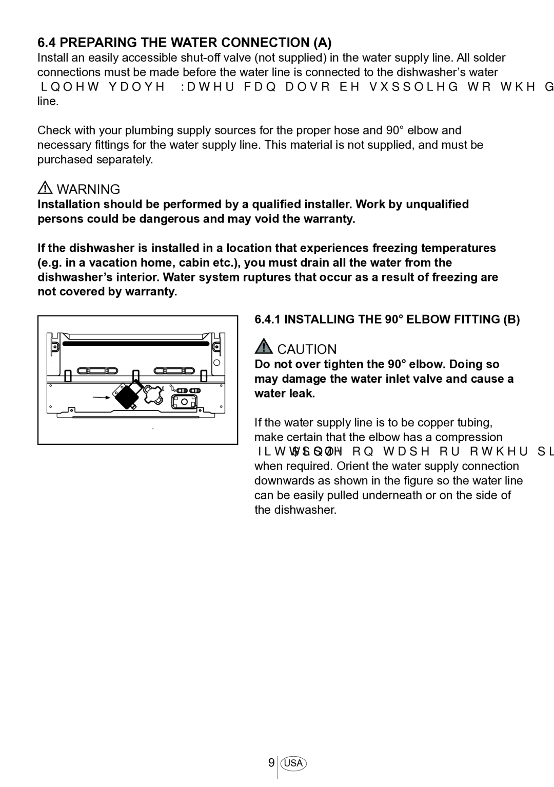 Blomberg DWS 54100 SS, DWS 54100 FBI installation manual Preparing the Water Connection a, Installing the 90 Elbow Fitting B 