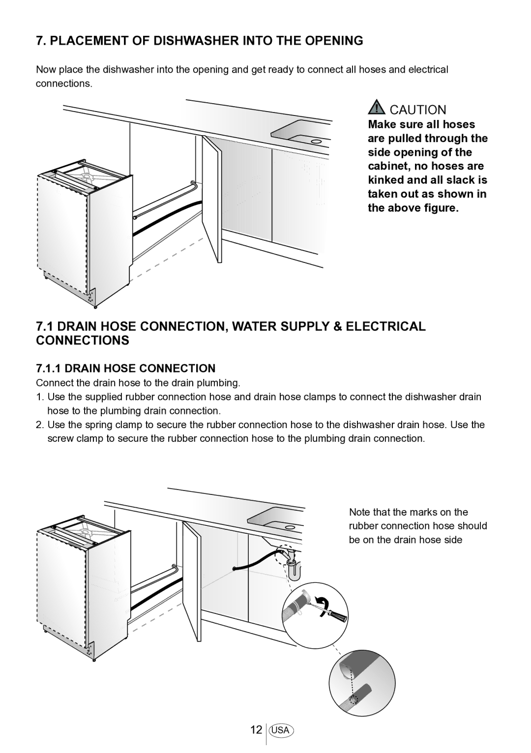 Blomberg DWS 54100 FBI, DWS 54100 SS installation manual Placement of Dishwasher Into the Opening, Drain Hose Connection 