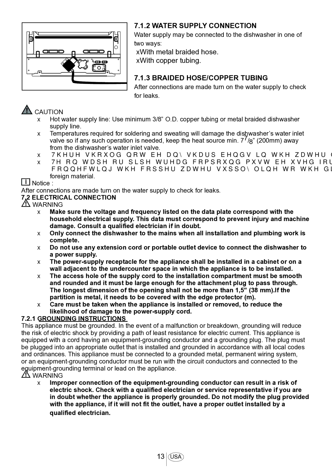 Blomberg DWS 54100 SS, DWS 54100 FBI installation manual Water Supply Connection, Braided HOSE/COPPER Tubing 