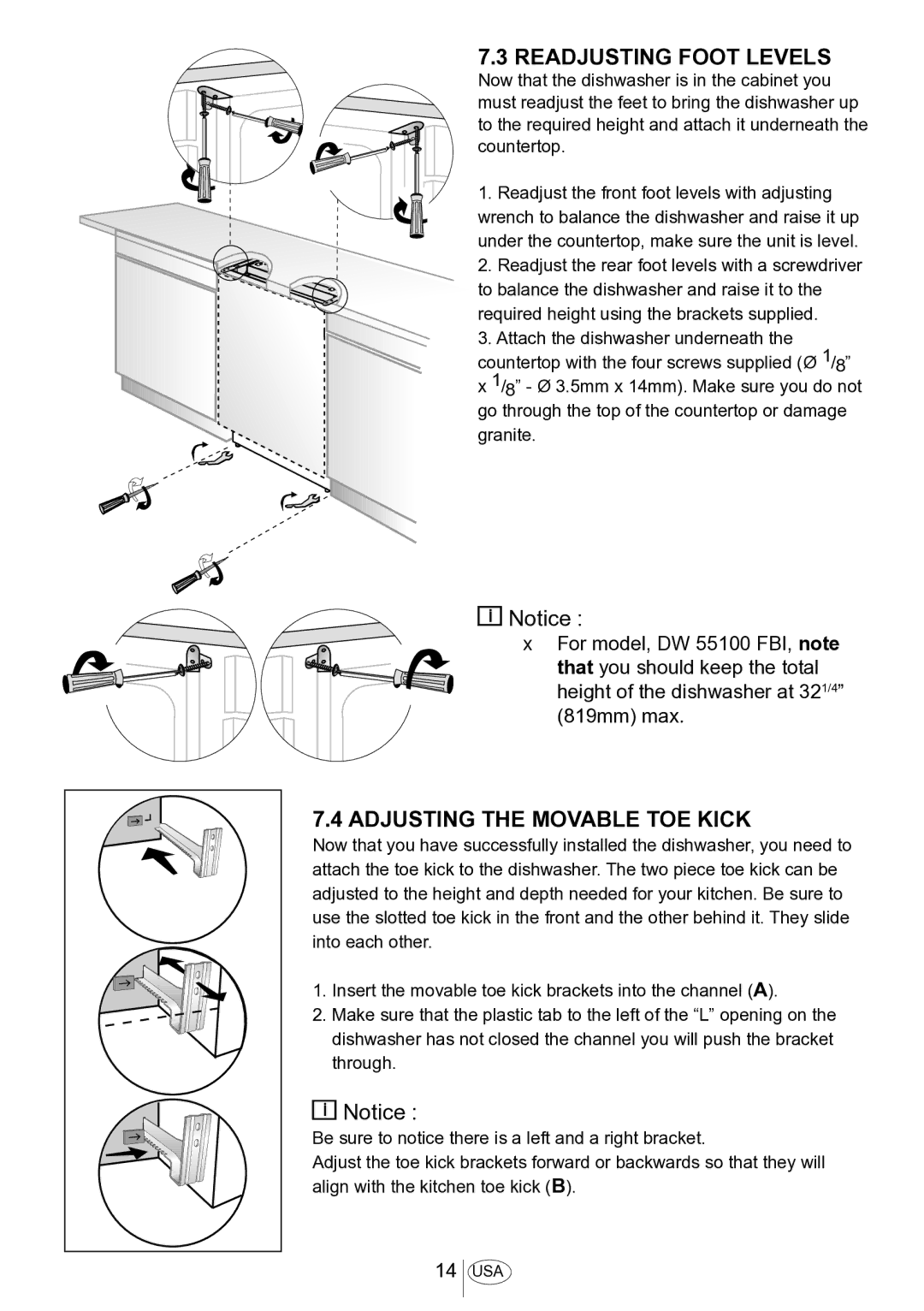 Blomberg DWS 54100 FBI, DWS 54100 SS installation manual Readjusting Foot Levels, Adjusting the Movable TOE Kick 