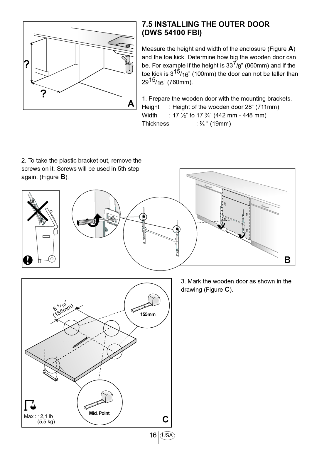 Blomberg DWS 54100 SS installation manual Installing the Outer Door DWS 54100 FBI 