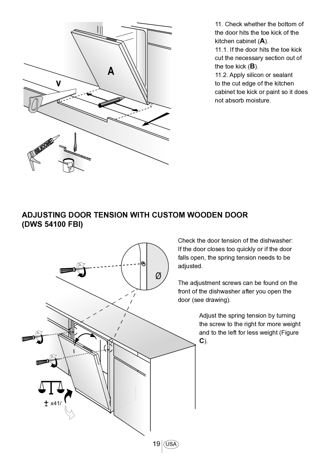 Blomberg DWS 54100 SS installation manual Adjusting Door Tension with Custom Wooden Door DWS 54100 FBI 