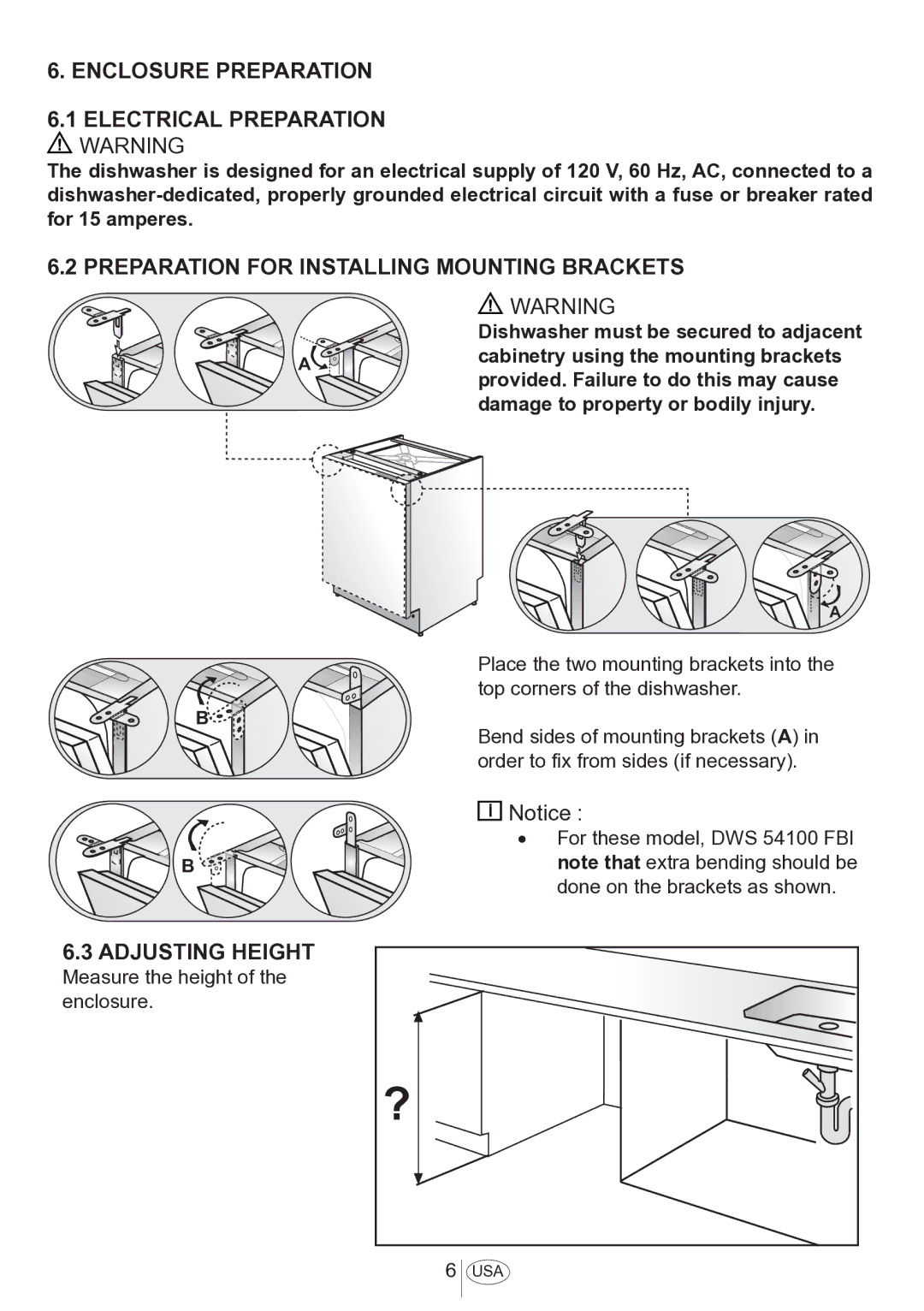 Blomberg DWS 54100 FBI Enclosure Preparation Electrical Preparation Warning, Preparation for Installing Mounting Brackets 