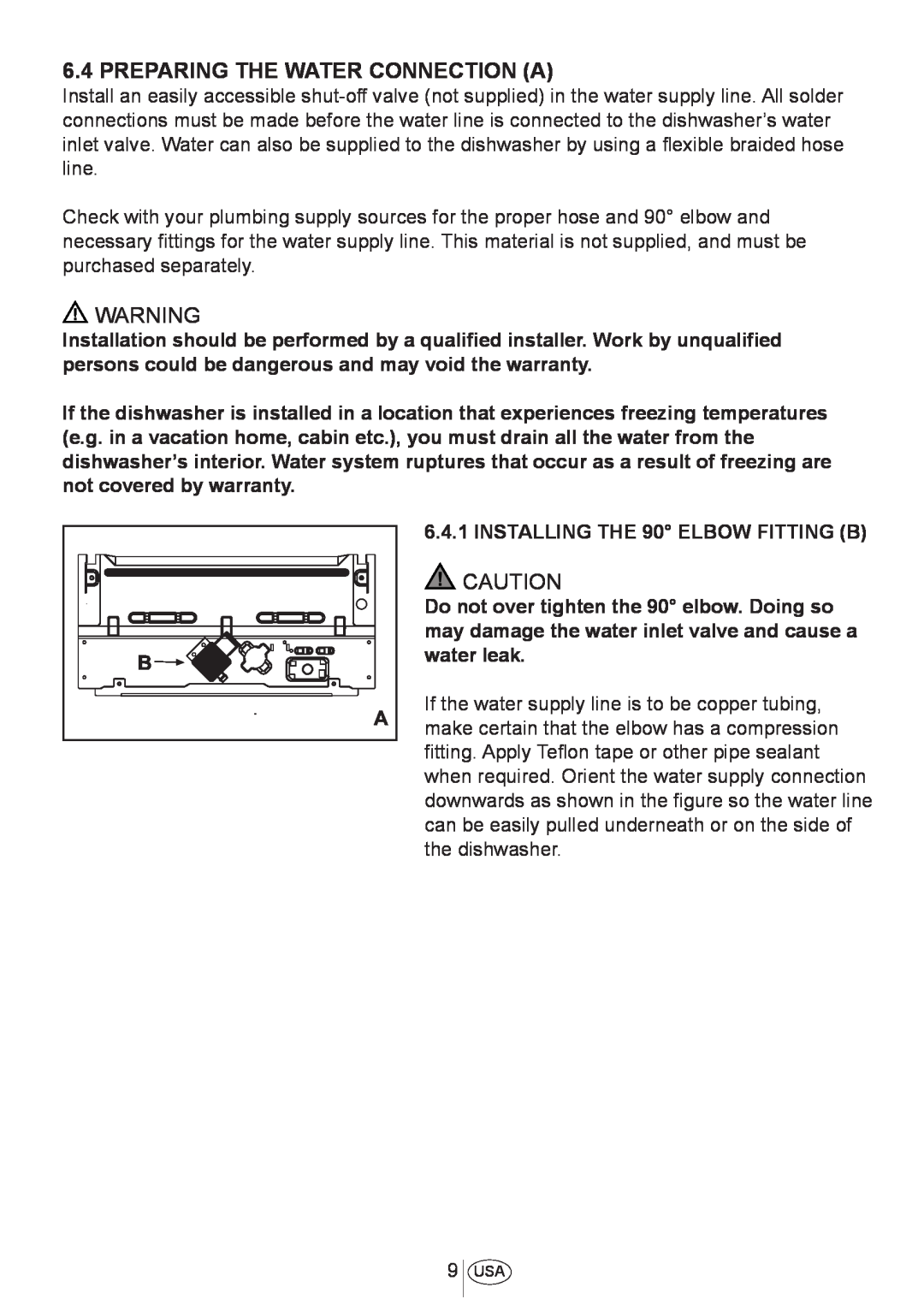 Blomberg DWS 54100 SS, DWS 54100 FBI installation manual Preparing The Water Connection A 