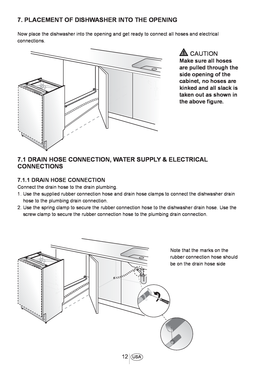 Blomberg DWS 54100 FBI, DWS 54100 SS installation manual Placement Of Dishwasher Into The Opening, Drain Hose Connection 