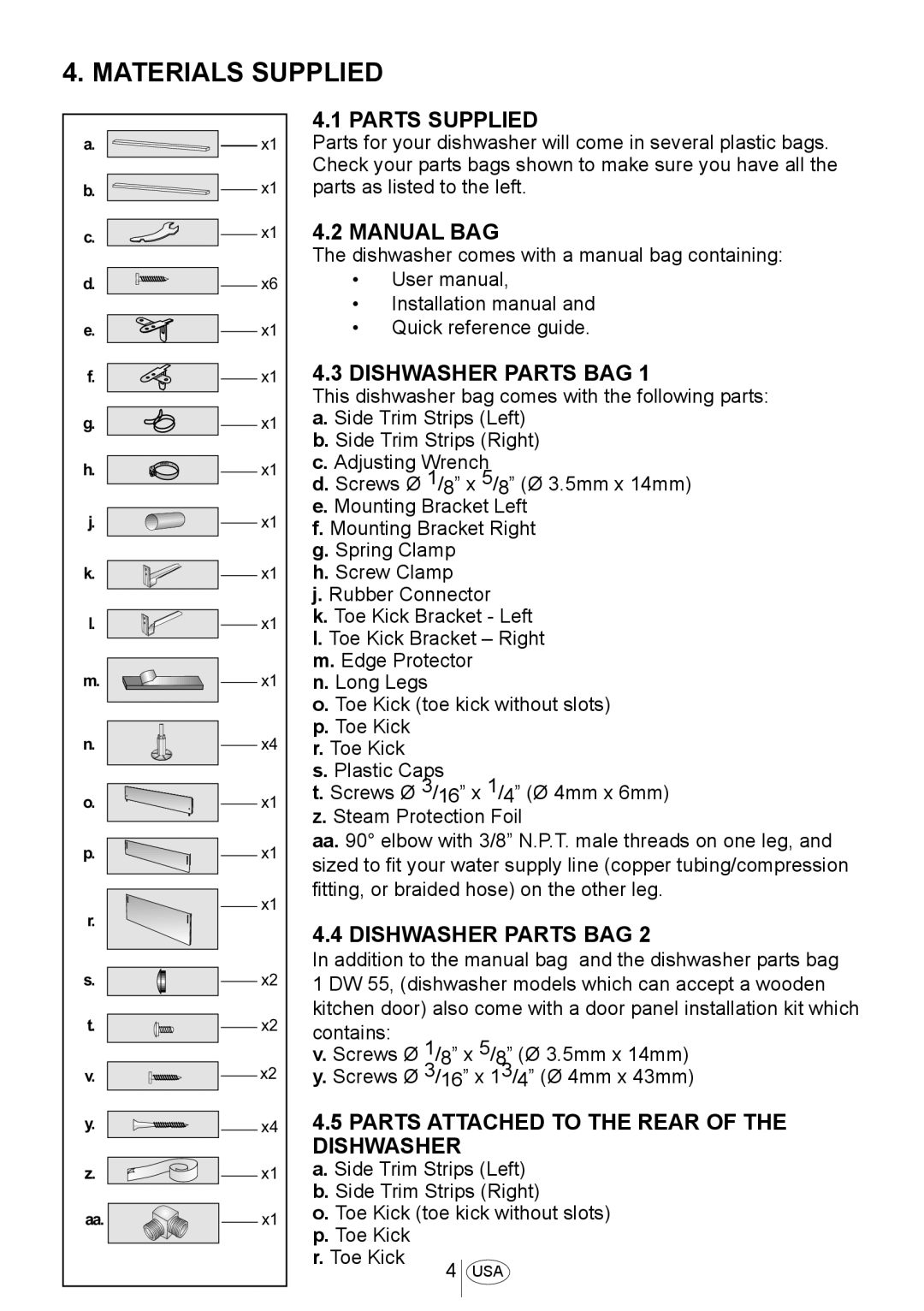 Blomberg DWS 54100 FBI, DWS 54100 SS Materials Supplied, Parts Supplied, Manual Bag, Dishwasher Parts Bag 