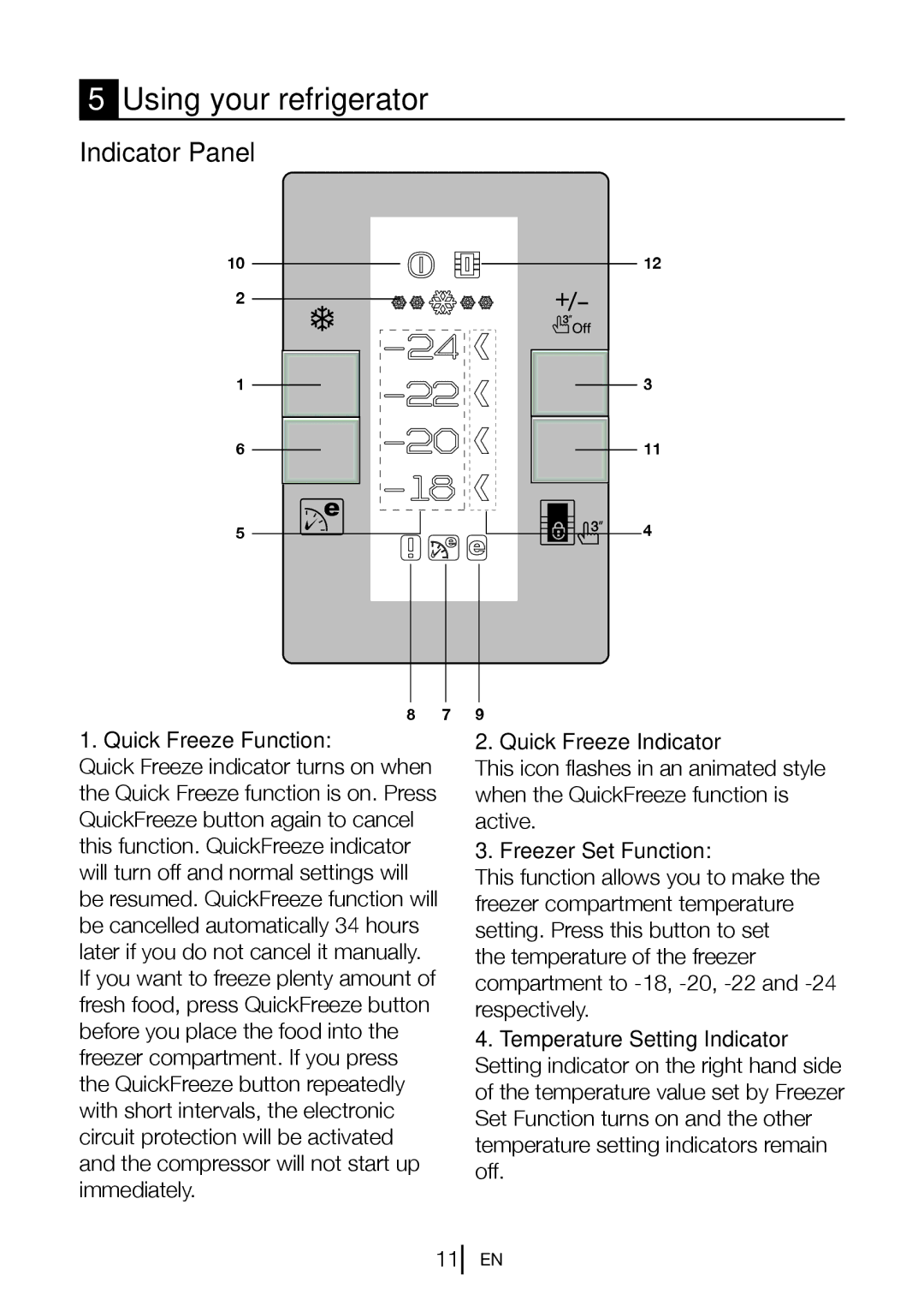 Blomberg FNT 9670 ET, FNT 9670 XT Using your refrigerator, Indicator Panel, Quick Freeze Function, Quick Freeze Indicator 