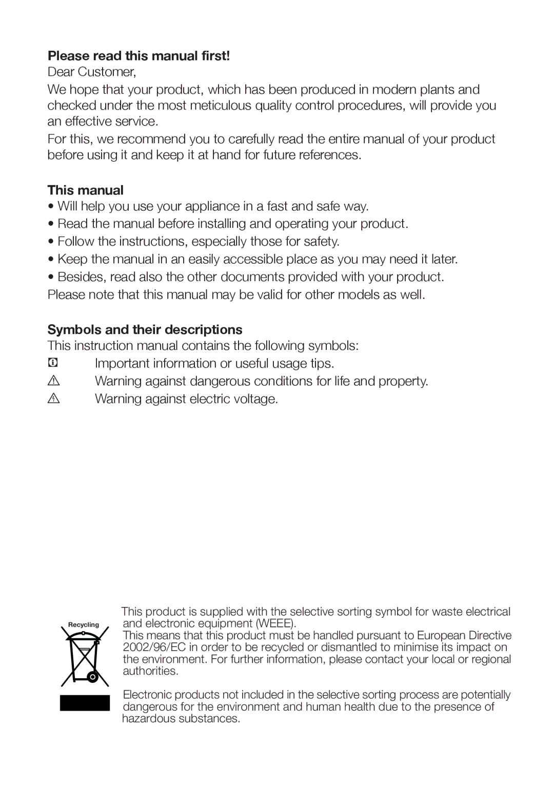 Blomberg FNT 9670 ET, FNT 9670 XT Please read this manual first, This manual, Symbols and their descriptions 