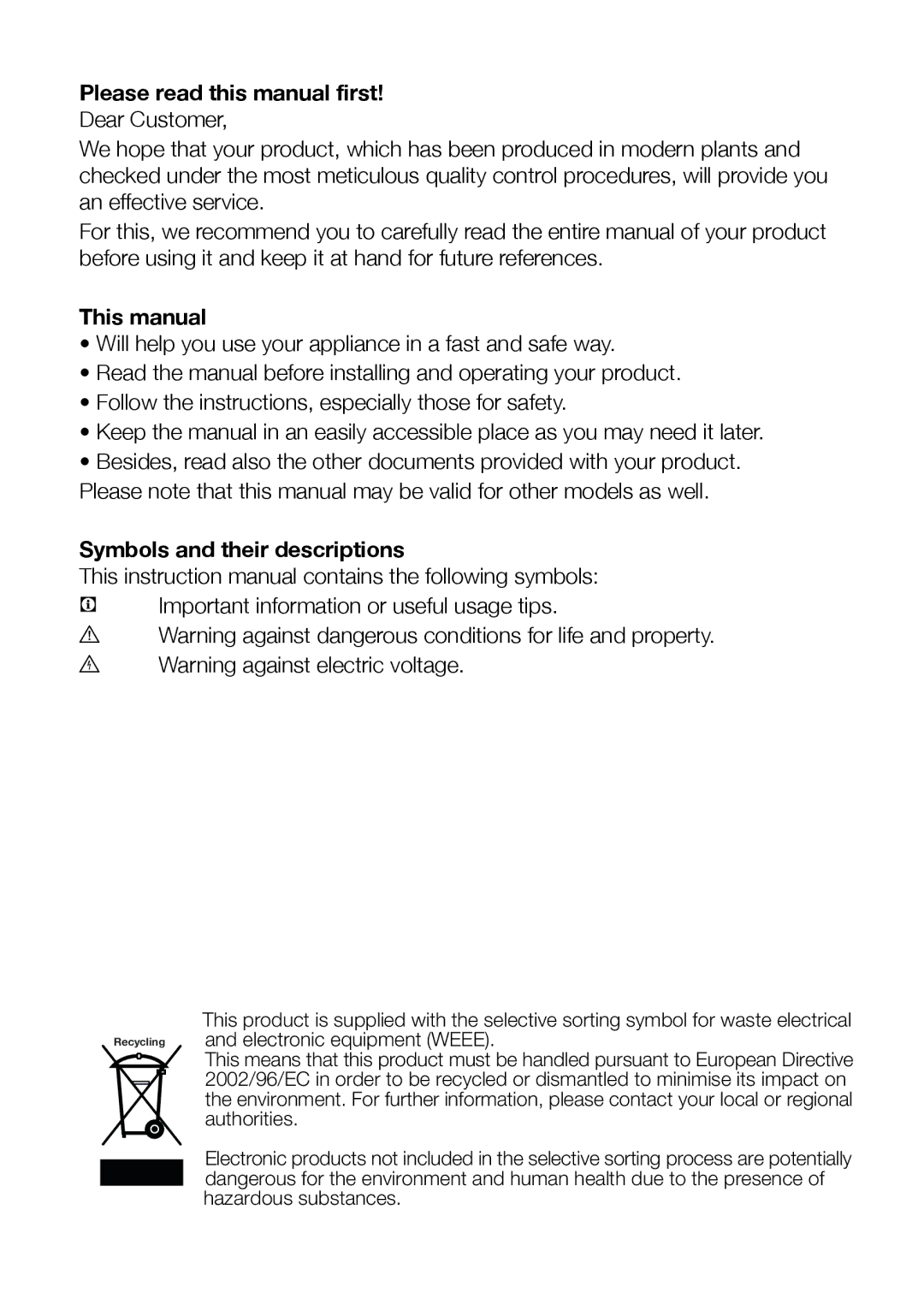 Blomberg FNT 9670 Please read this manual first, This manual, Symbols and their descriptions 