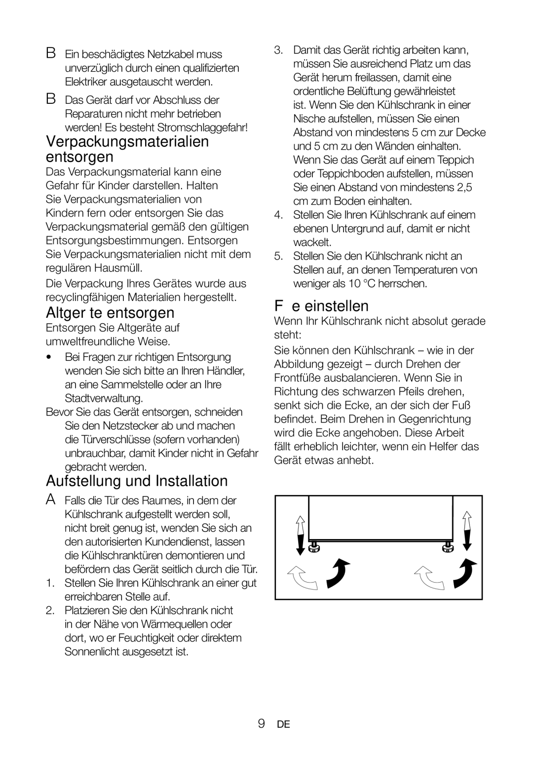 Blomberg FNT 9670 Verpackungsmaterialien entsorgen, Altgeräte entsorgen, Aufstellung und Installation, Füße einstellen 