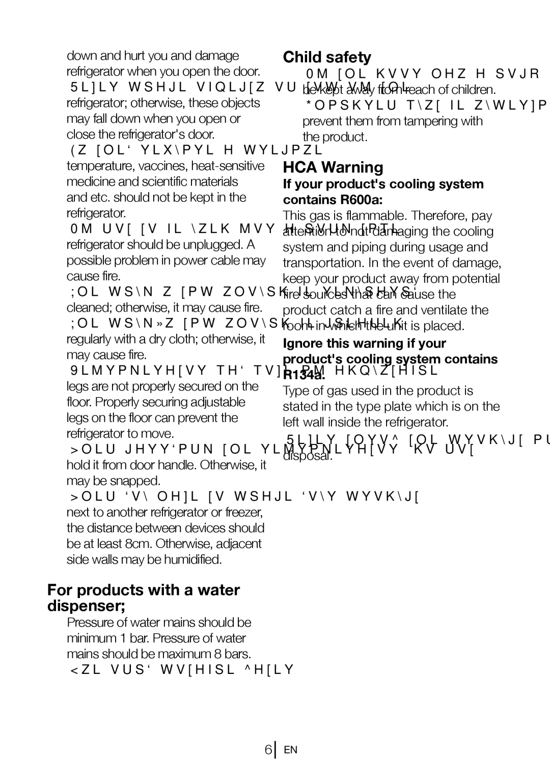 Blomberg FNT 9670 manual For products with a water dispenser, Child safety, HCA Warning 