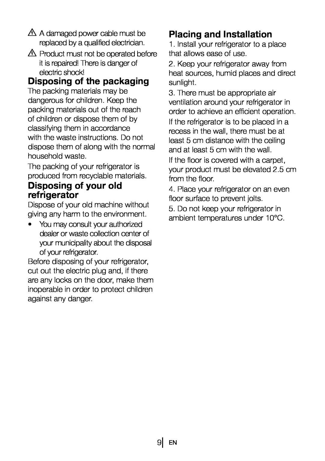 Blomberg 9682 XA+, FNT 9681 XA+ Disposing of the packaging, Disposing of your old refrigerator, Placing and Installation 