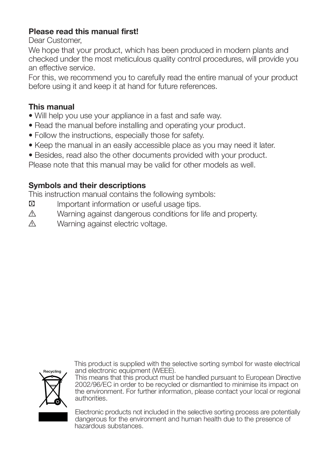 Blomberg KFD 9950 X, KFD 9952 X Please read this manual first, This manual, Symbols and their descriptions 