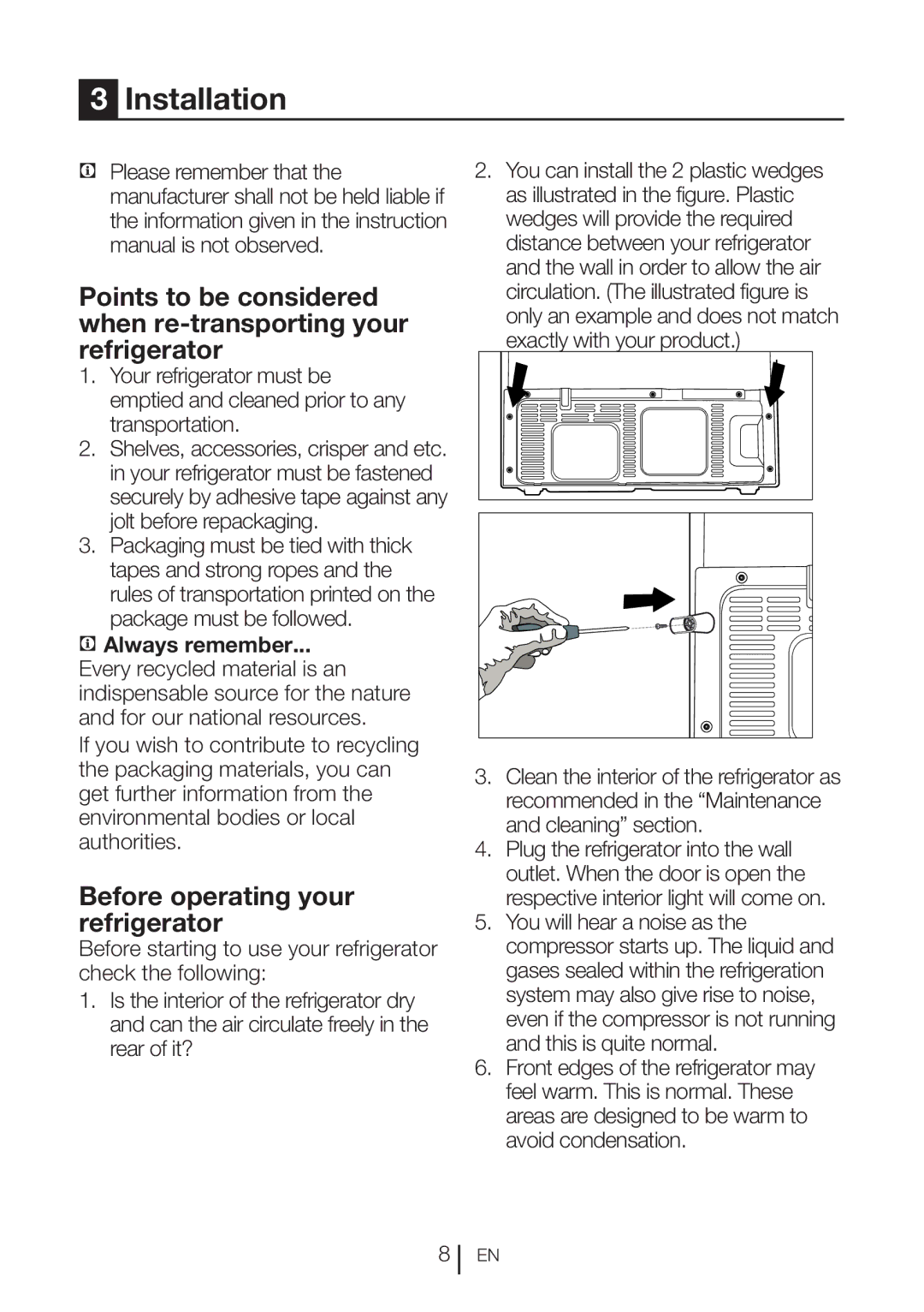 Blomberg KFD 9952 X, KFD 9950 X manual Installation, Before operating your refrigerator, Always remember 