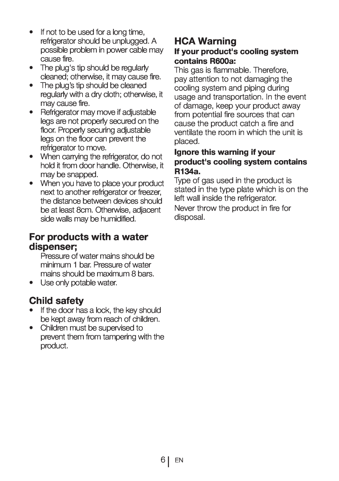 Blomberg KFD 9952 X, KFD 9950 X manual For products with a water dispenser, Child safety, HCA Warning 