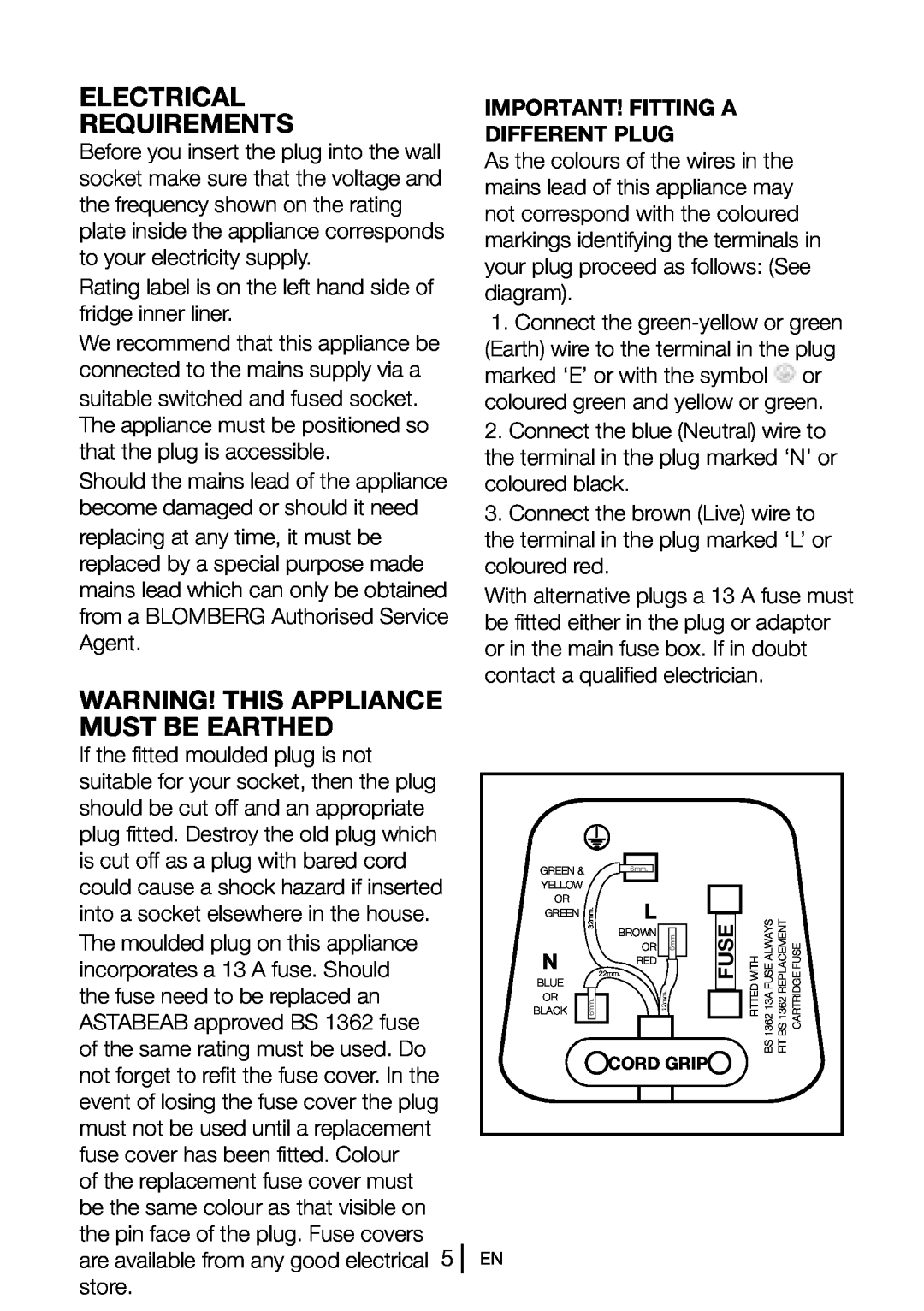 Blomberg KGM 9550 Electrical Requirements, Warning! This Appliance Must Be Earthed, Important! Fitting A Different Plug 