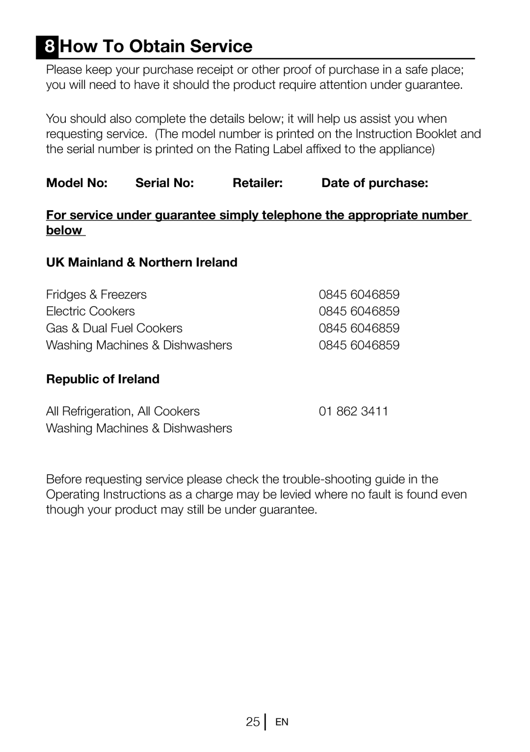 Blomberg KGM 9680 PX manual How To Obtain Service, Republic of Ireland 