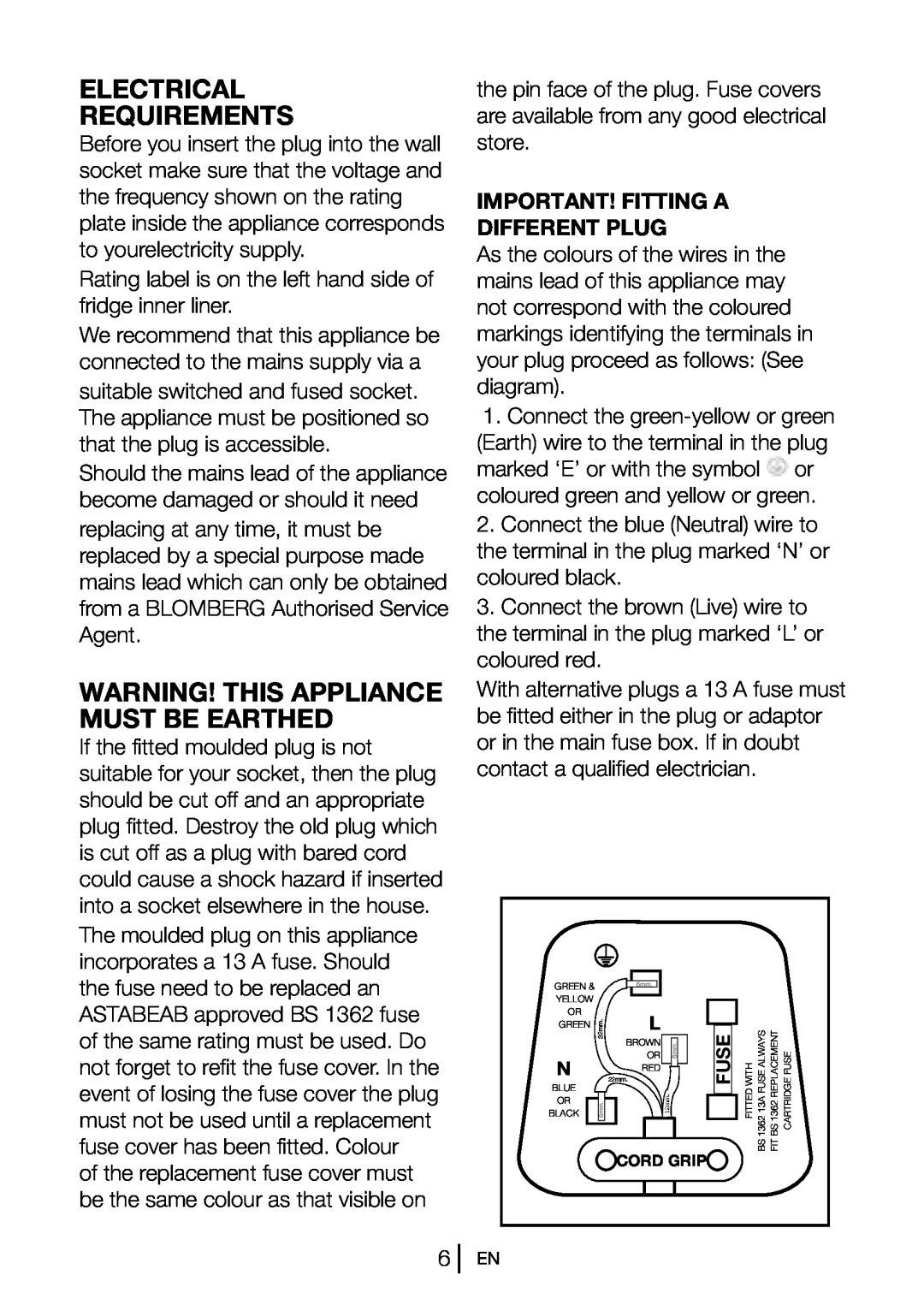Blomberg KGM 9680 P Electrical Requirements, Warning! This Appliance Must Be Earthed, Important! Fitting A Different Plug 