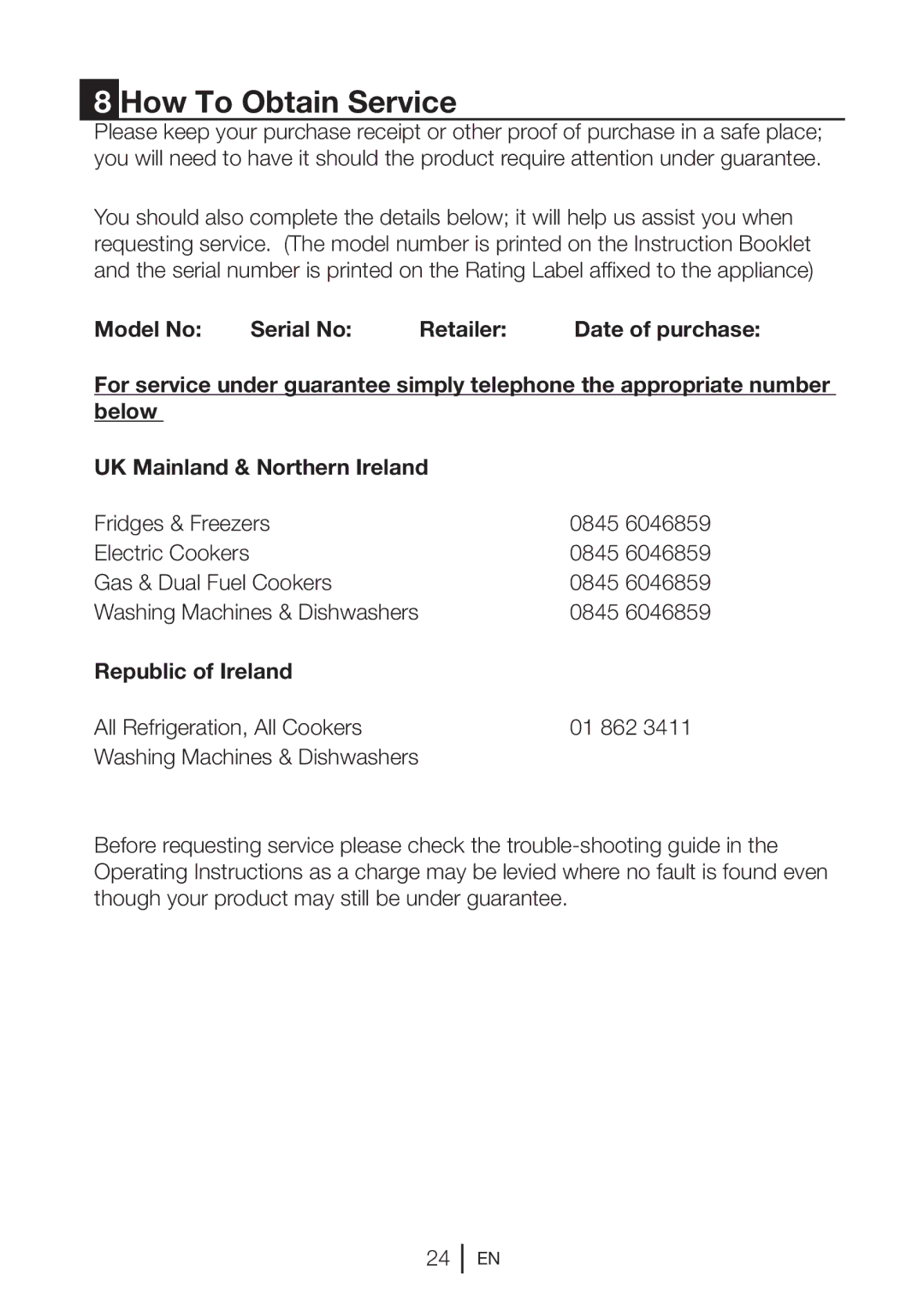 Blomberg KGM 9690 PX manual How To Obtain Service, Republic of Ireland 