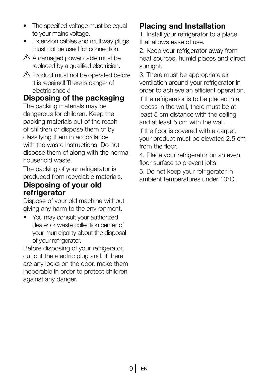 Blomberg KND 9651 A+ Disposing of the packaging, Disposing of your old refrigerator, Placing and Installation 