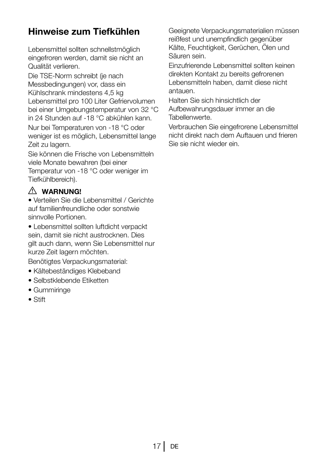 Blomberg KND 9651 XA+, KND 9651 A+ operating instructions Hinweise zum Tiefkühlen, Warnung 